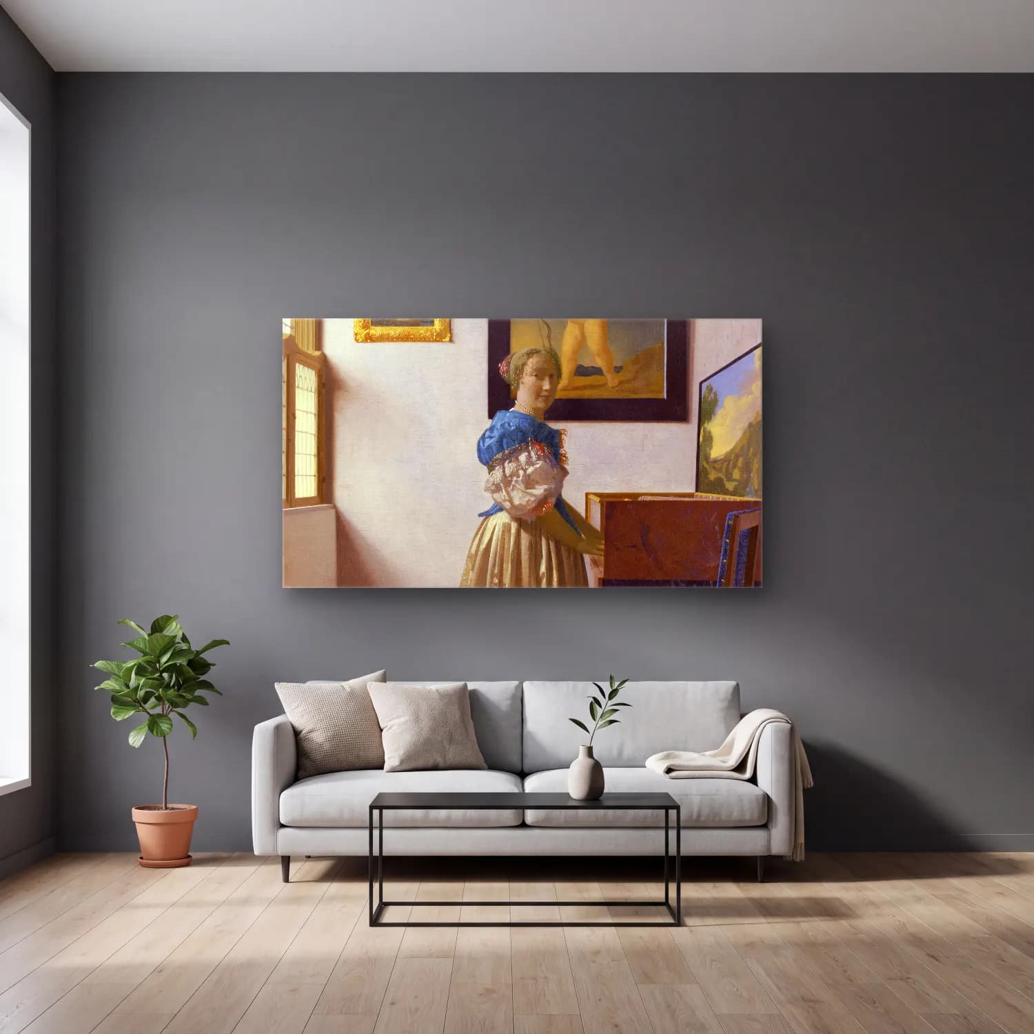 Johannes Vermeer – Diana and her Nymphs cam tablo — gri duvarlı salonda