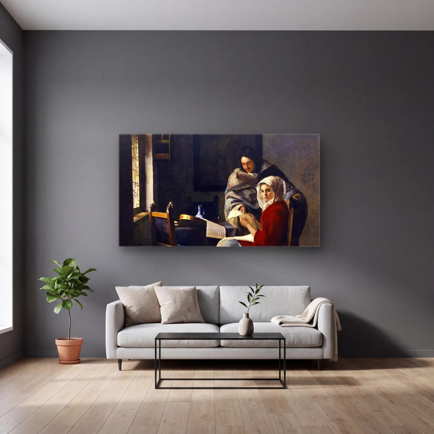Johannes Vermeer – Girl Interrupted at Her Music cam tablo — gri duvarlı salonda