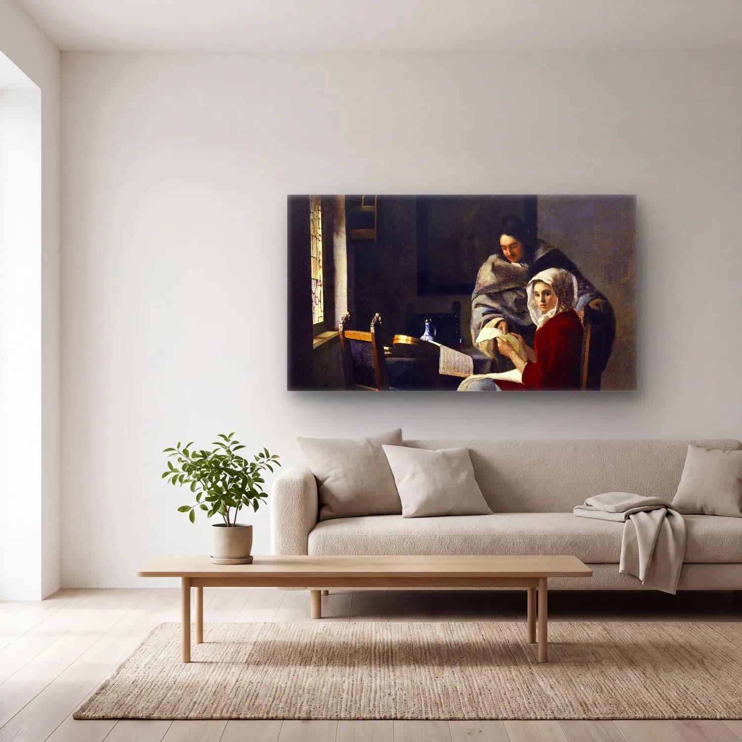 Johannes Vermeer – Girl Interrupted at Her Music cam tablo — açık renk salonda