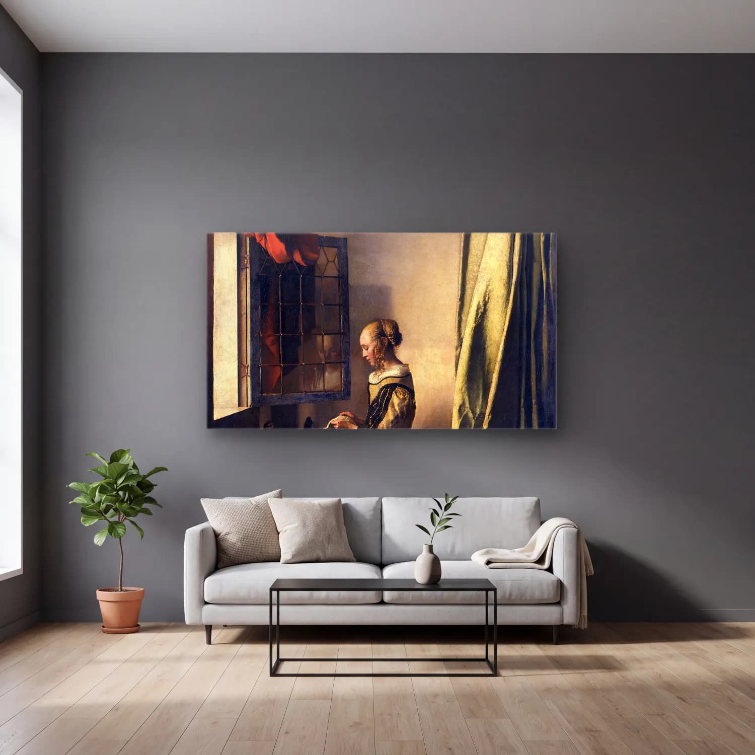 Johannes Vermeer – Girl Reading a Letter by an Open Window cam tablo — gri duvarlı salonda