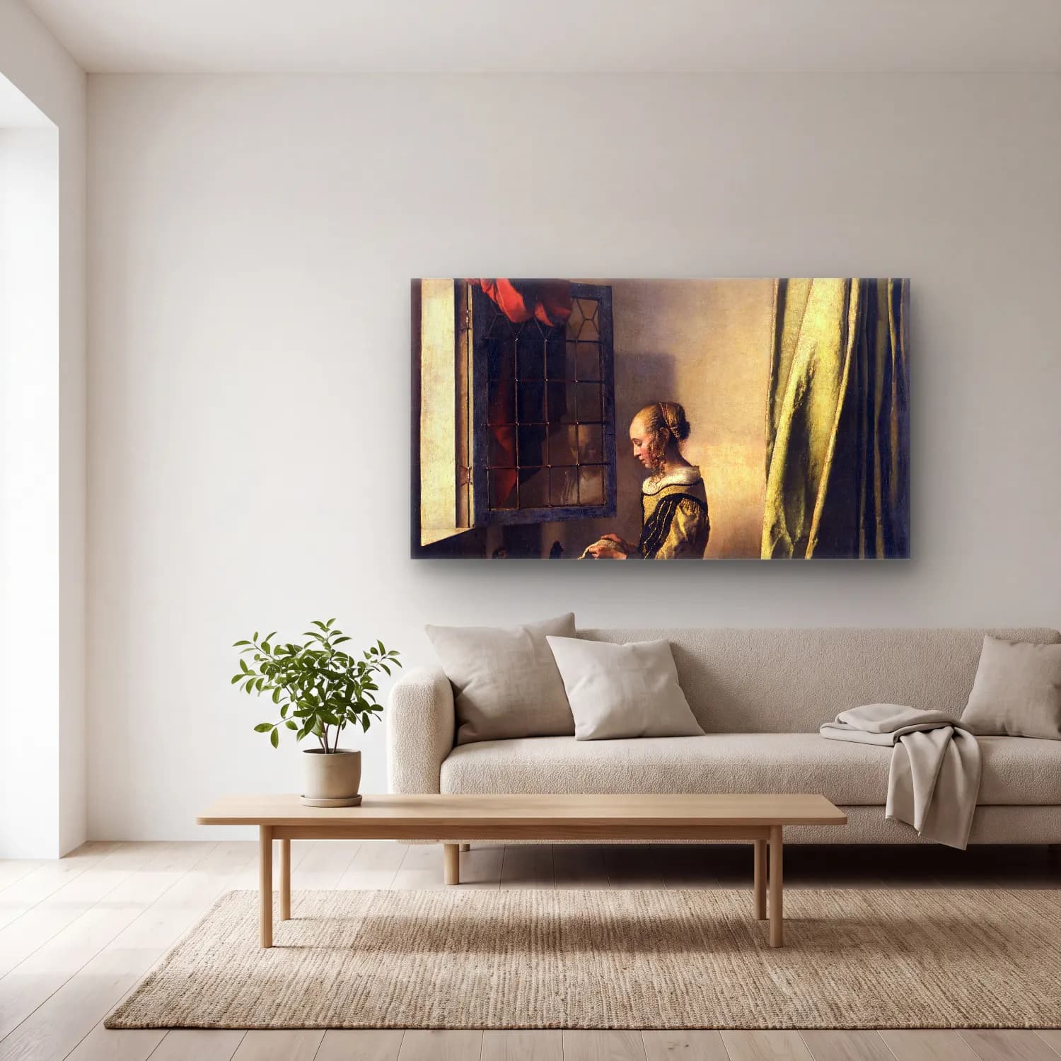Johannes Vermeer – Girl Reading a Letter by an Open Window cam tablo — açık renk salonda