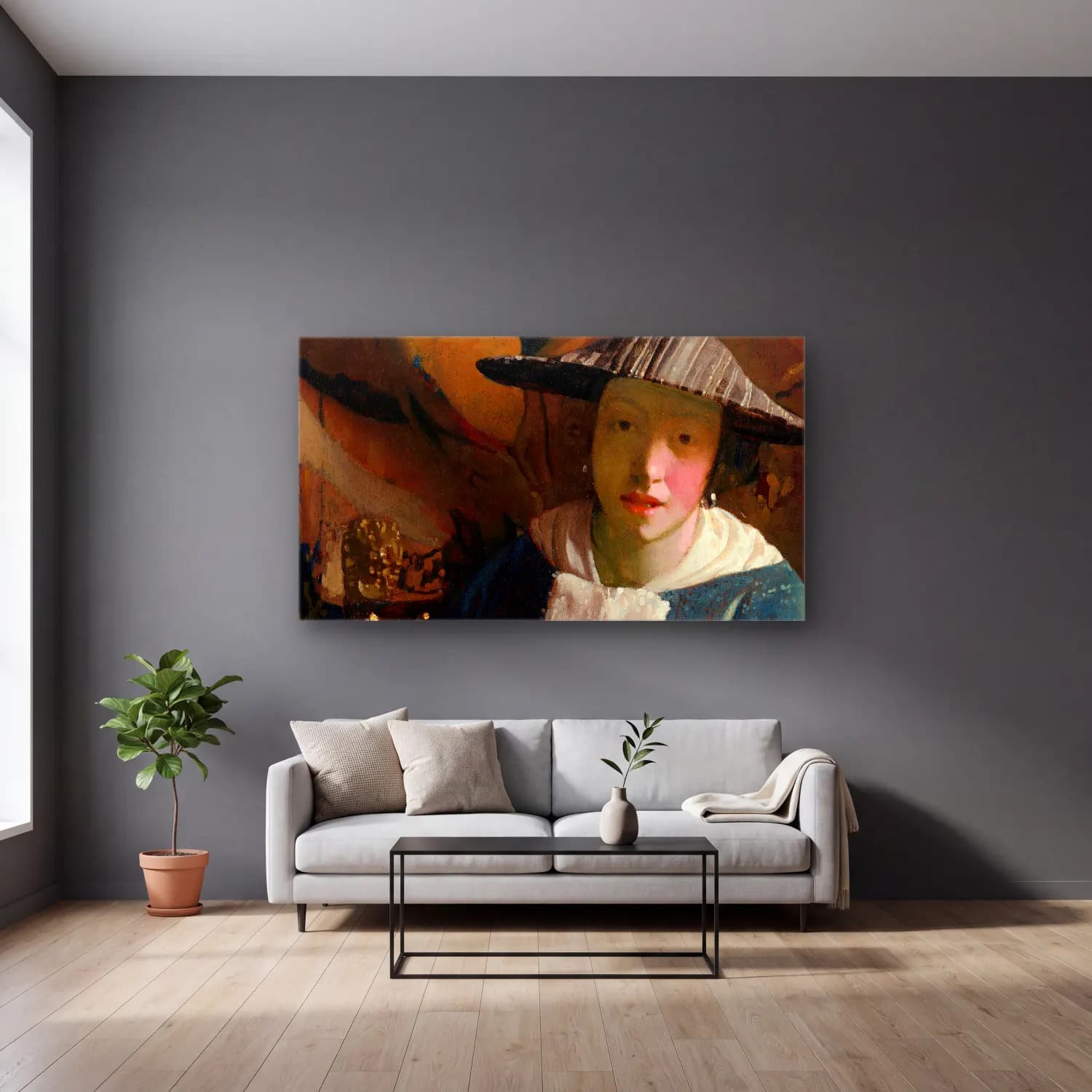 Johannes Vermeer – Girl with a Flute cam tablo — gri duvarlı salonda