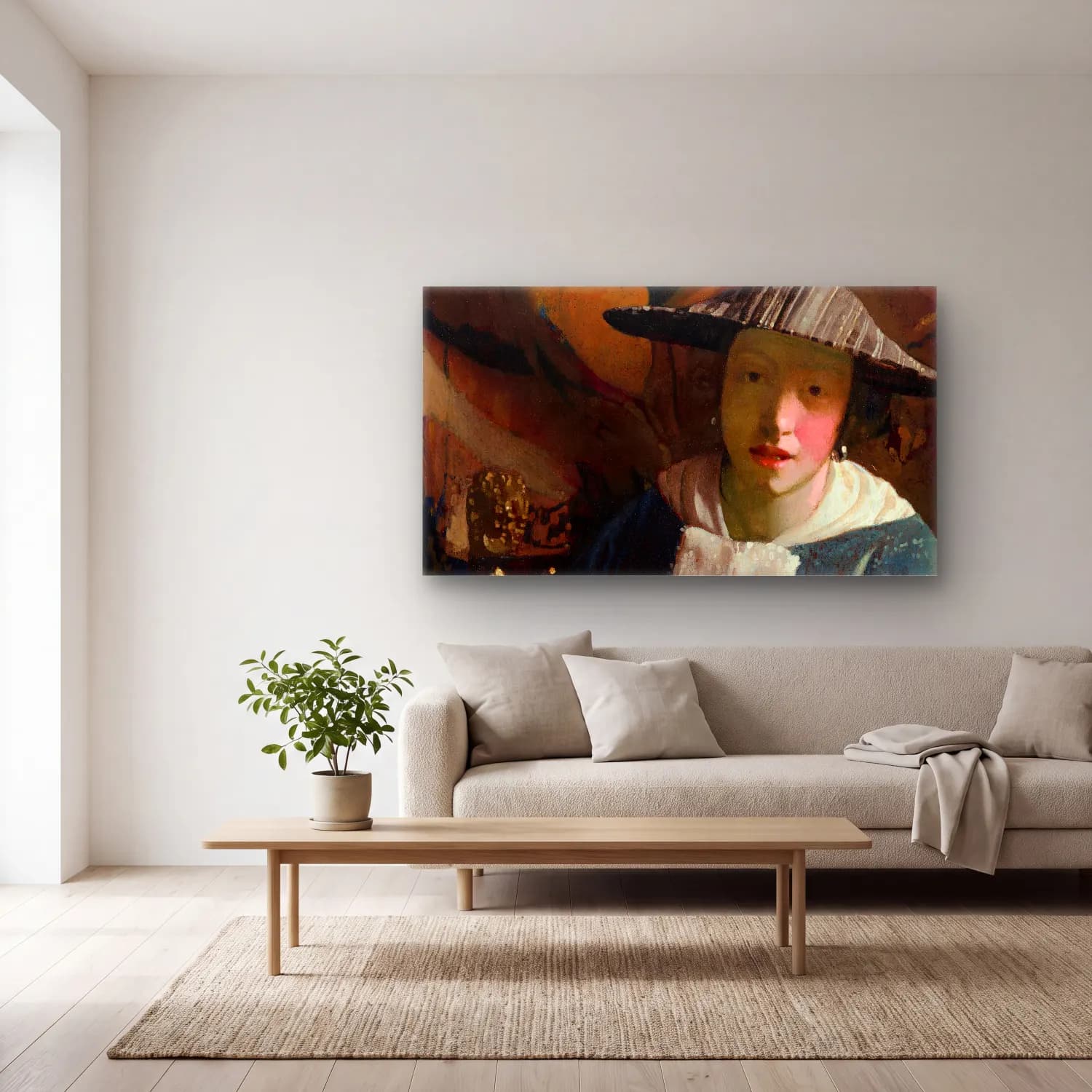 Johannes Vermeer – Girl with a Flute cam tablo — açık renk salonda