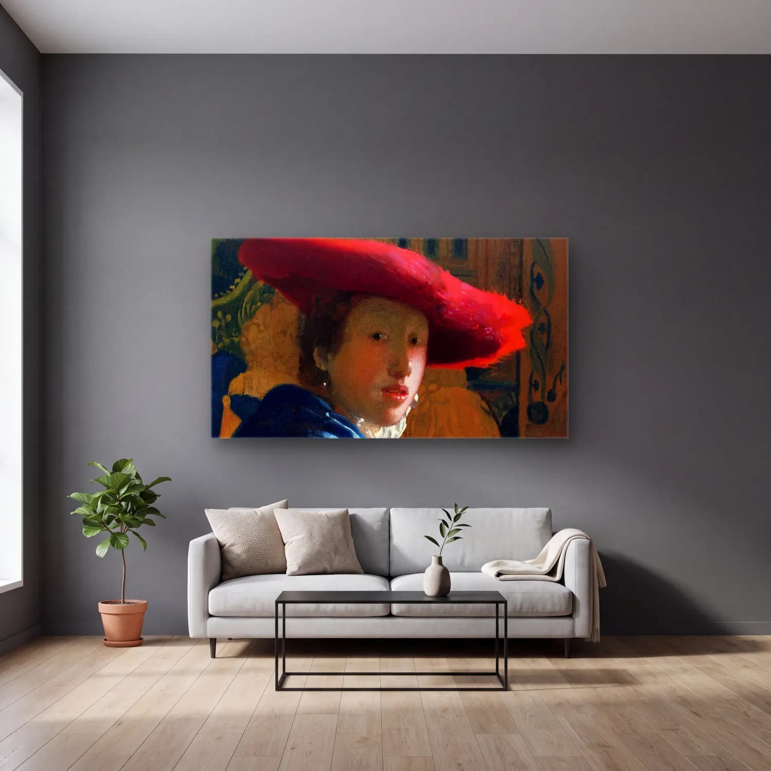 Johannes Vermeer – Girl with the Red Hat cam tablo — gri duvarlı salonda