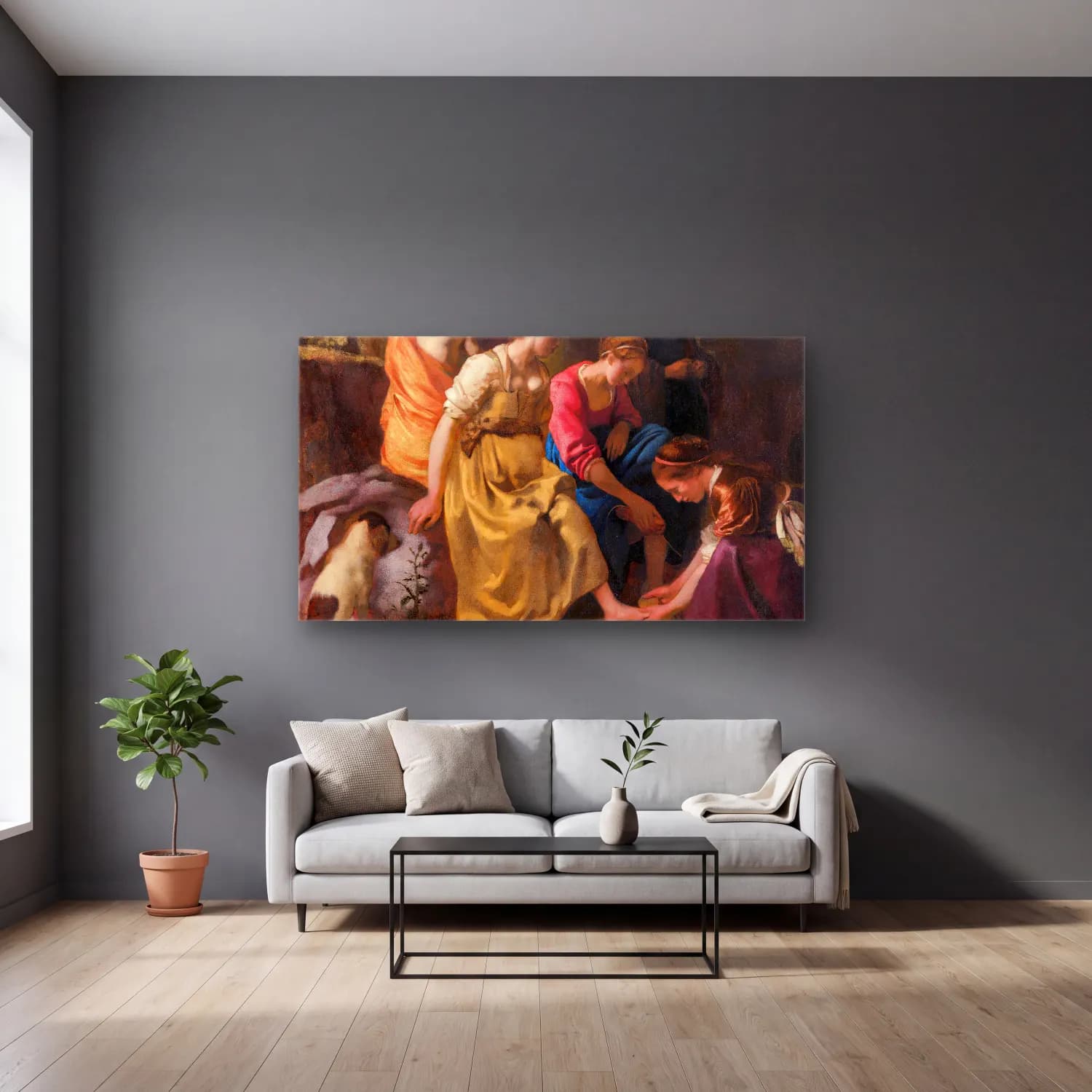 Johannes Vermeer – JohannesVermeer cam tablo — gri duvarlı salonda