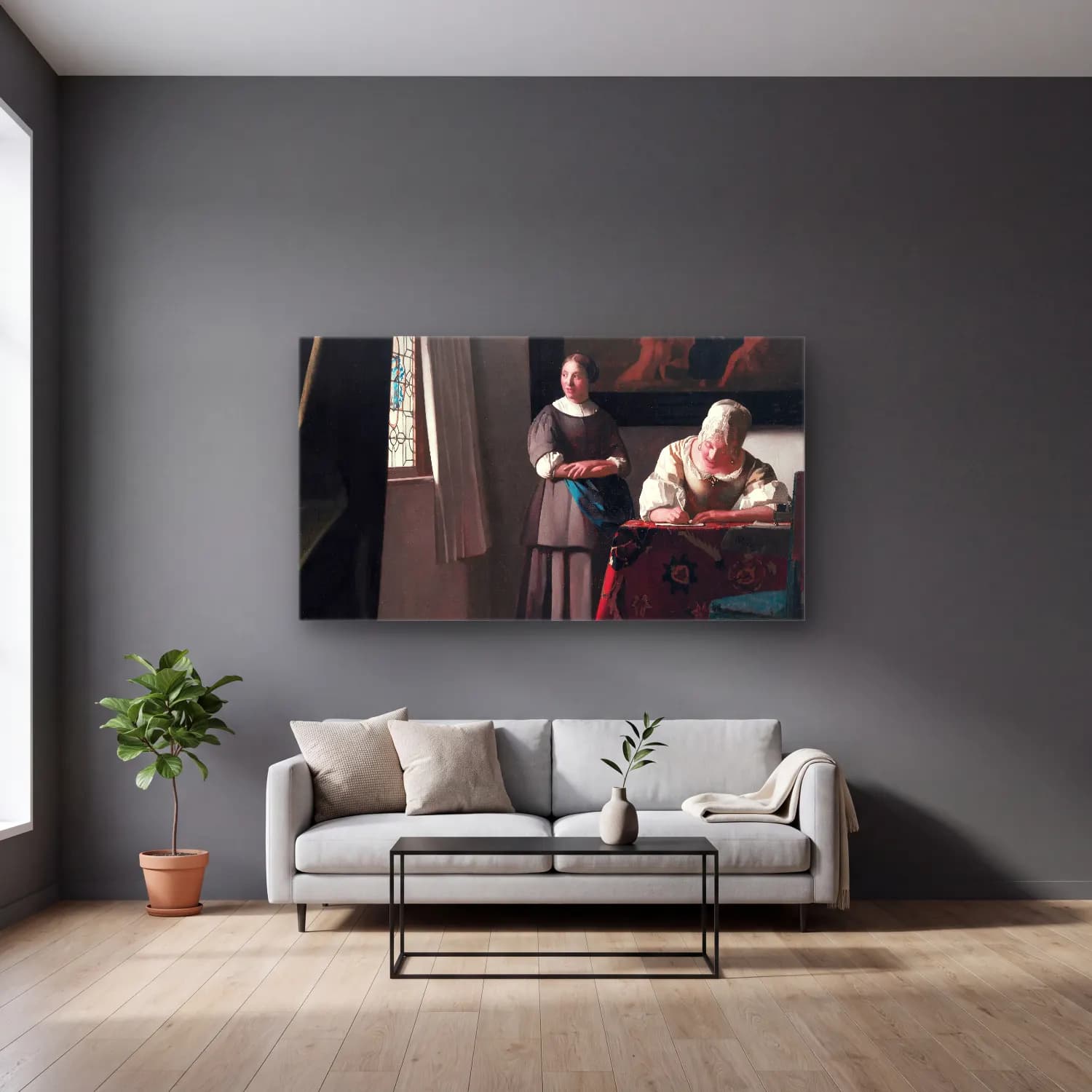 Johannes Vermeer – Lady Writing a Letter with her Maid cam tablo — gri duvarlı salonda