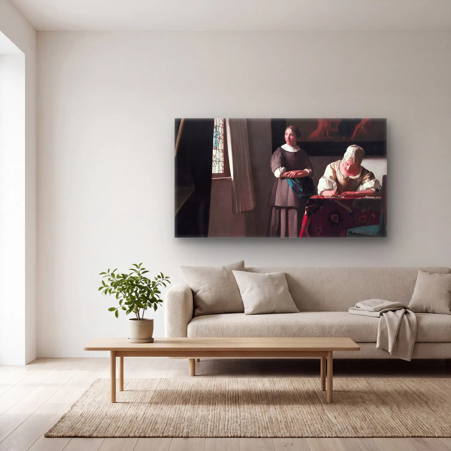 Johannes Vermeer – Lady Writing a Letter with her Maid cam tablo — açık renk salonda