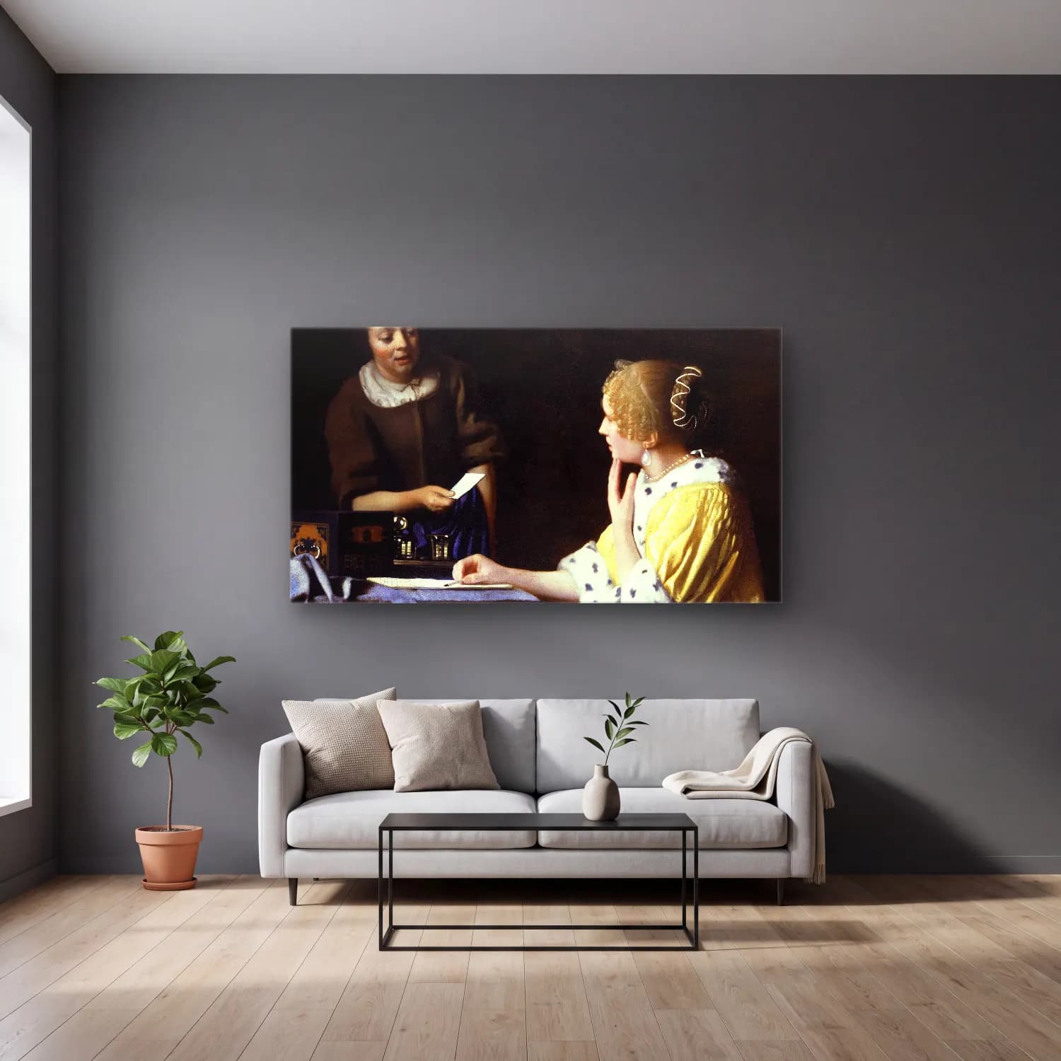 Johannes Vermeer – Mistress and Maid cam tablo — gri duvarlı salonda
