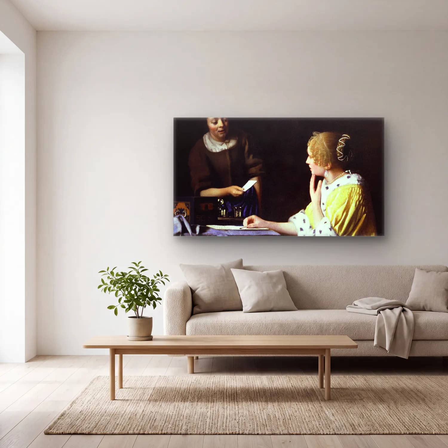 Johannes Vermeer – Mistress and Maid cam tablo — açık renk salonda