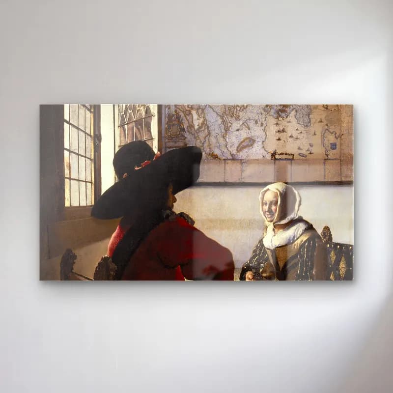 Johannes Vermeer – Officer and Laughing Girl cam tablo — Johannes Vermeer – Officer and Laughing Girl — vintage şapkalı kadın