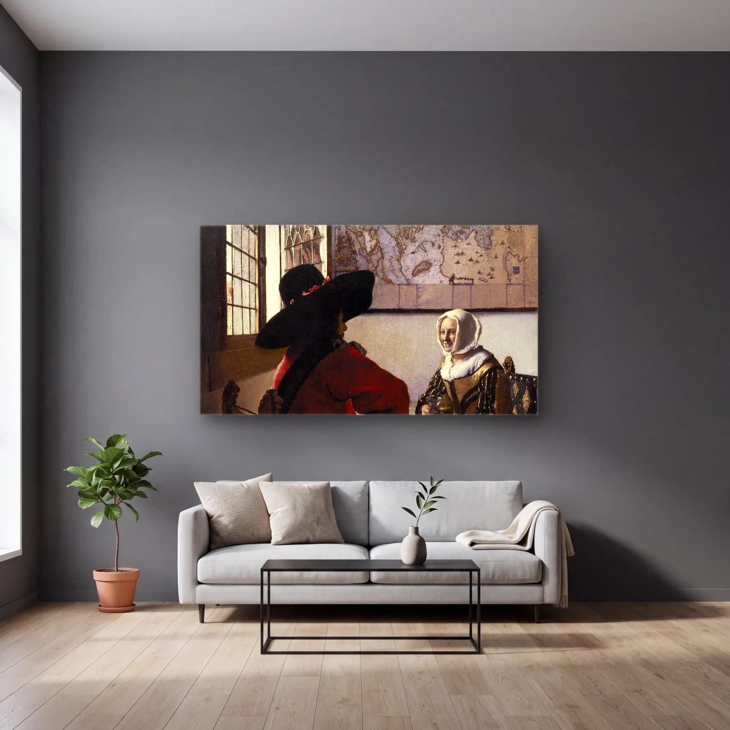 Johannes Vermeer – Officer and Laughing Girl cam tablo — gri duvarlı salonda