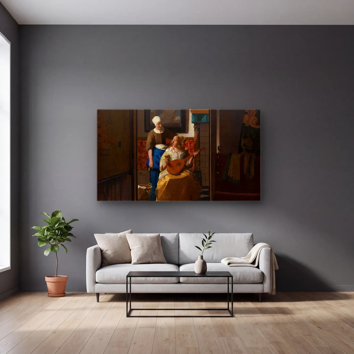Johannes Vermeer – Save The Love Letter cam tablo — gri duvarlı salonda