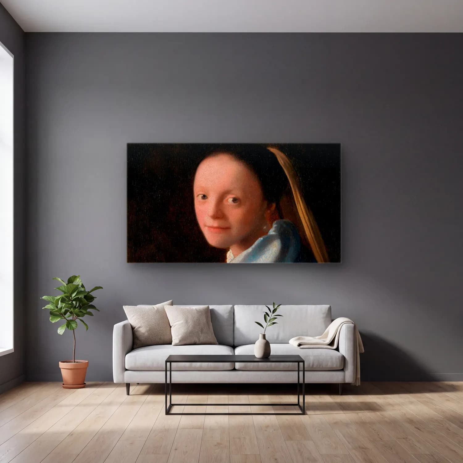 Johannes Vermeer – Study of a Young Woman cam tablo — gri duvarlı salonda