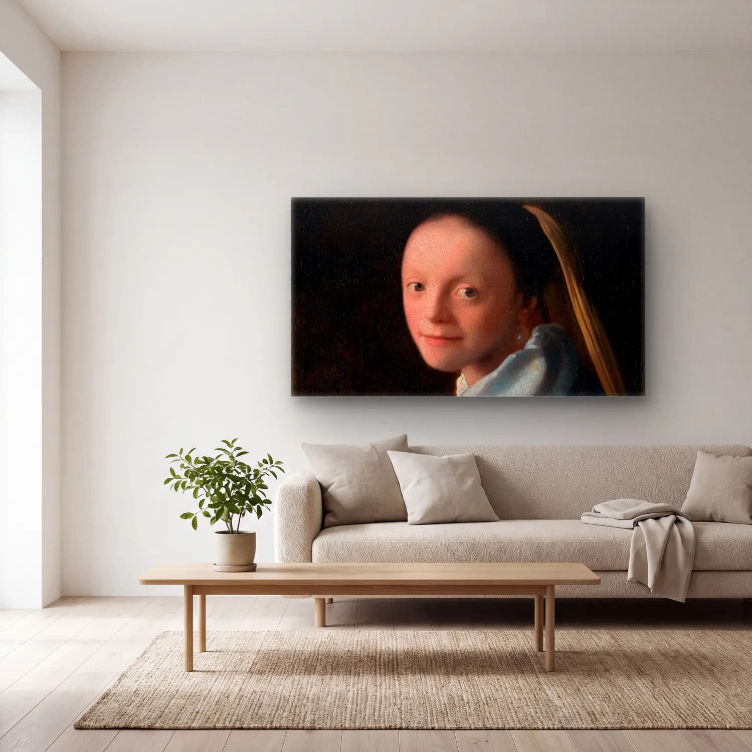 Johannes Vermeer – Study of a Young Woman cam tablo — açık renk salonda