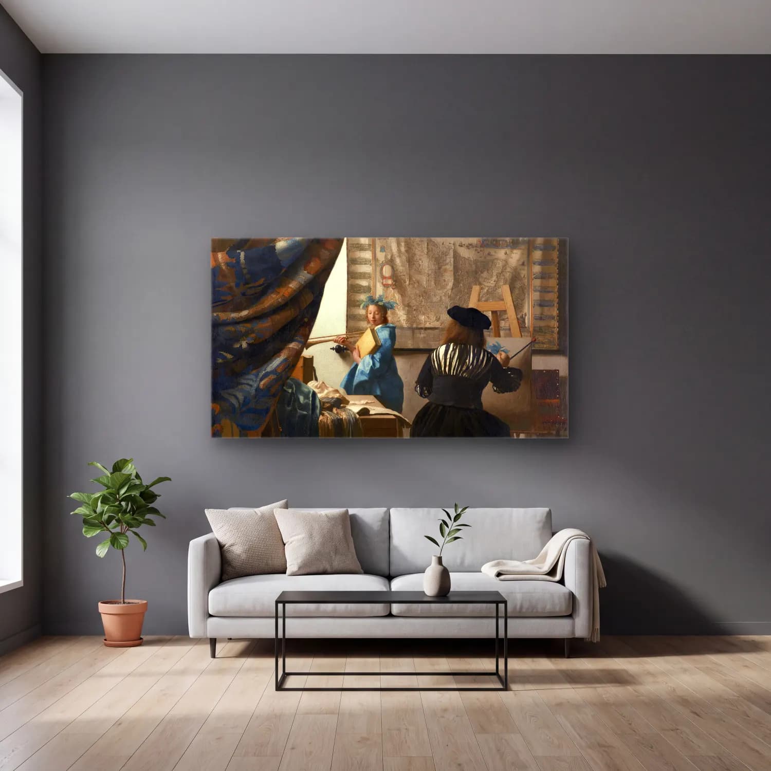 Johannes Vermeer – The Allegory of Painting cam tablo — gri duvarlı salonda