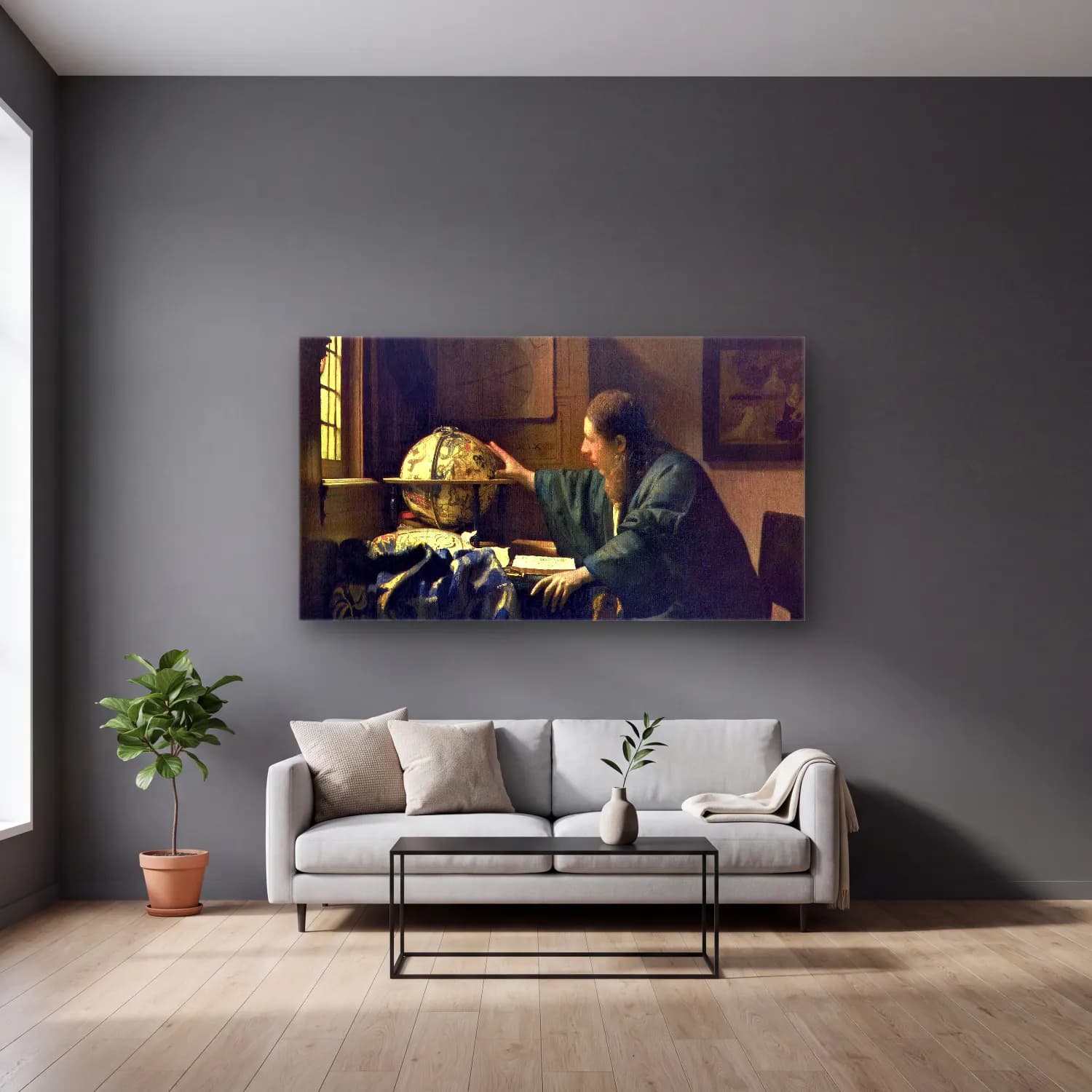 Johannes Vermeer – The Astronomer cam tablo — gri duvarlı salonda