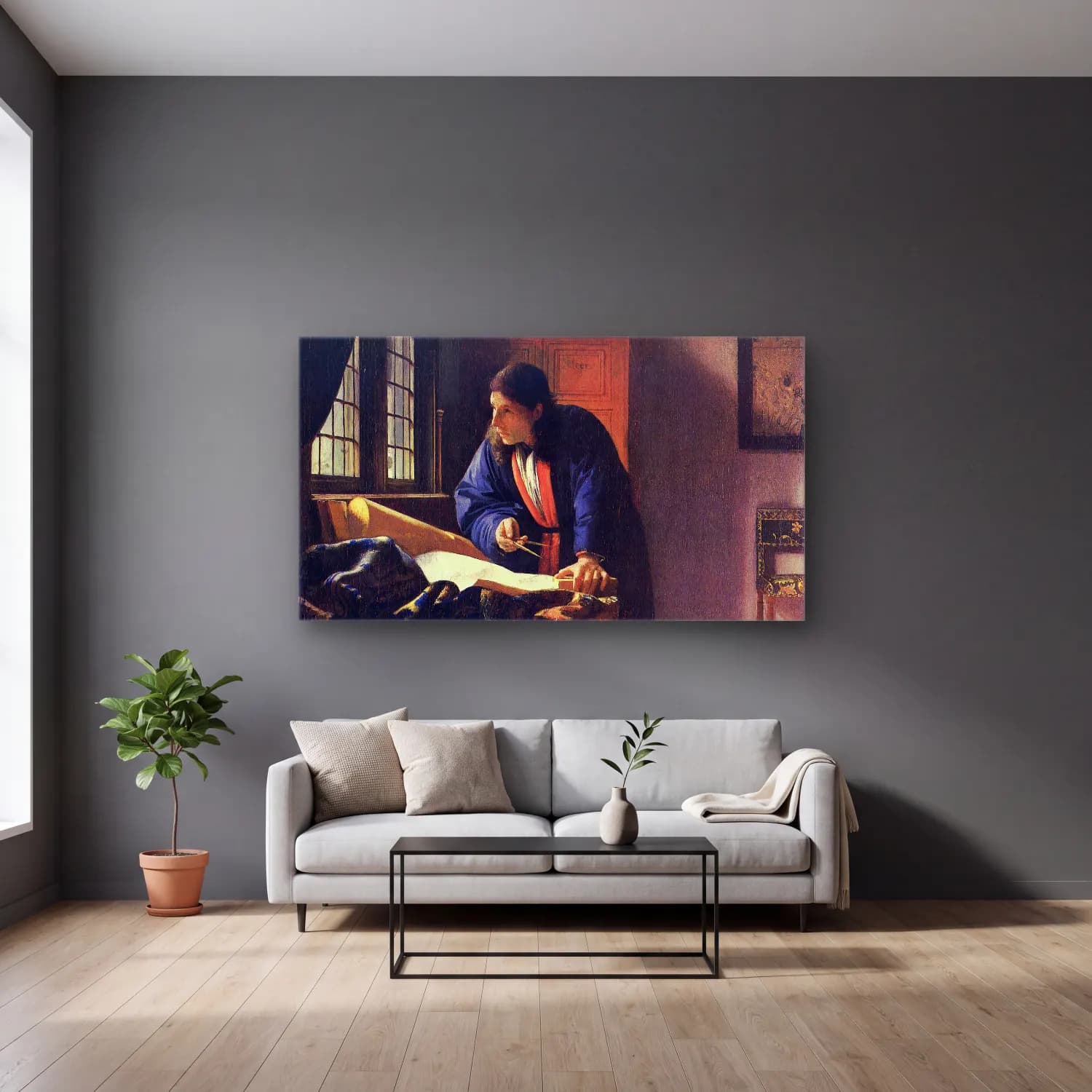 Johannes Vermeer – The Geographer cam tablo — gri duvarlı salonda