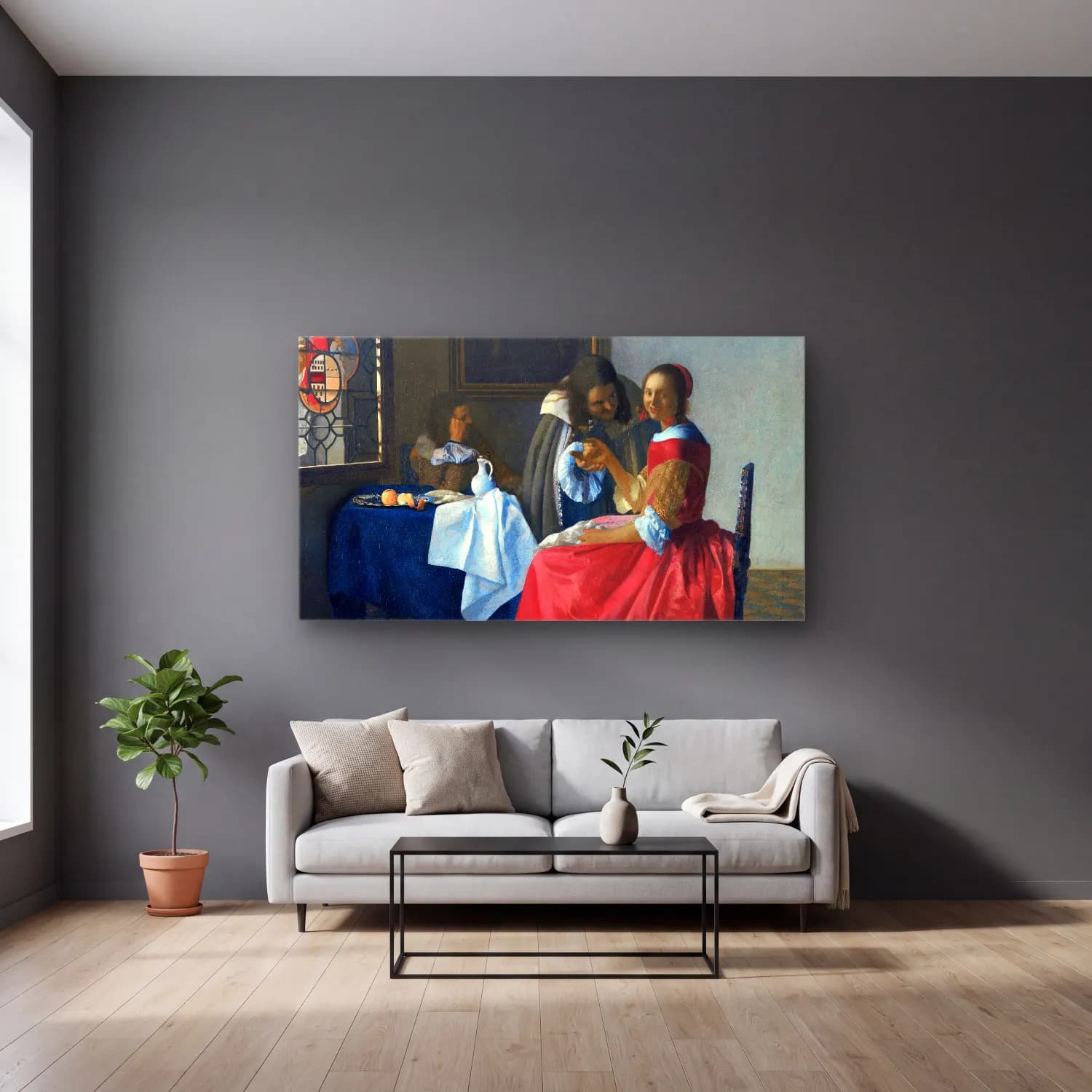 Johannes Vermeer – The Girl with a Wineglass cam tablo — gri duvarlı salonda