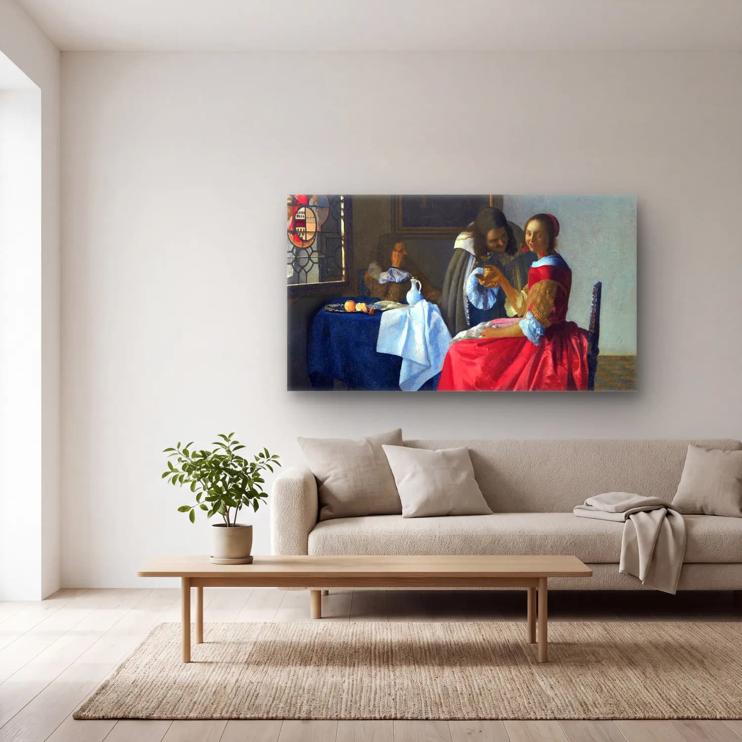Johannes Vermeer – The Girl with a Wineglass cam tablo — açık renk salonda