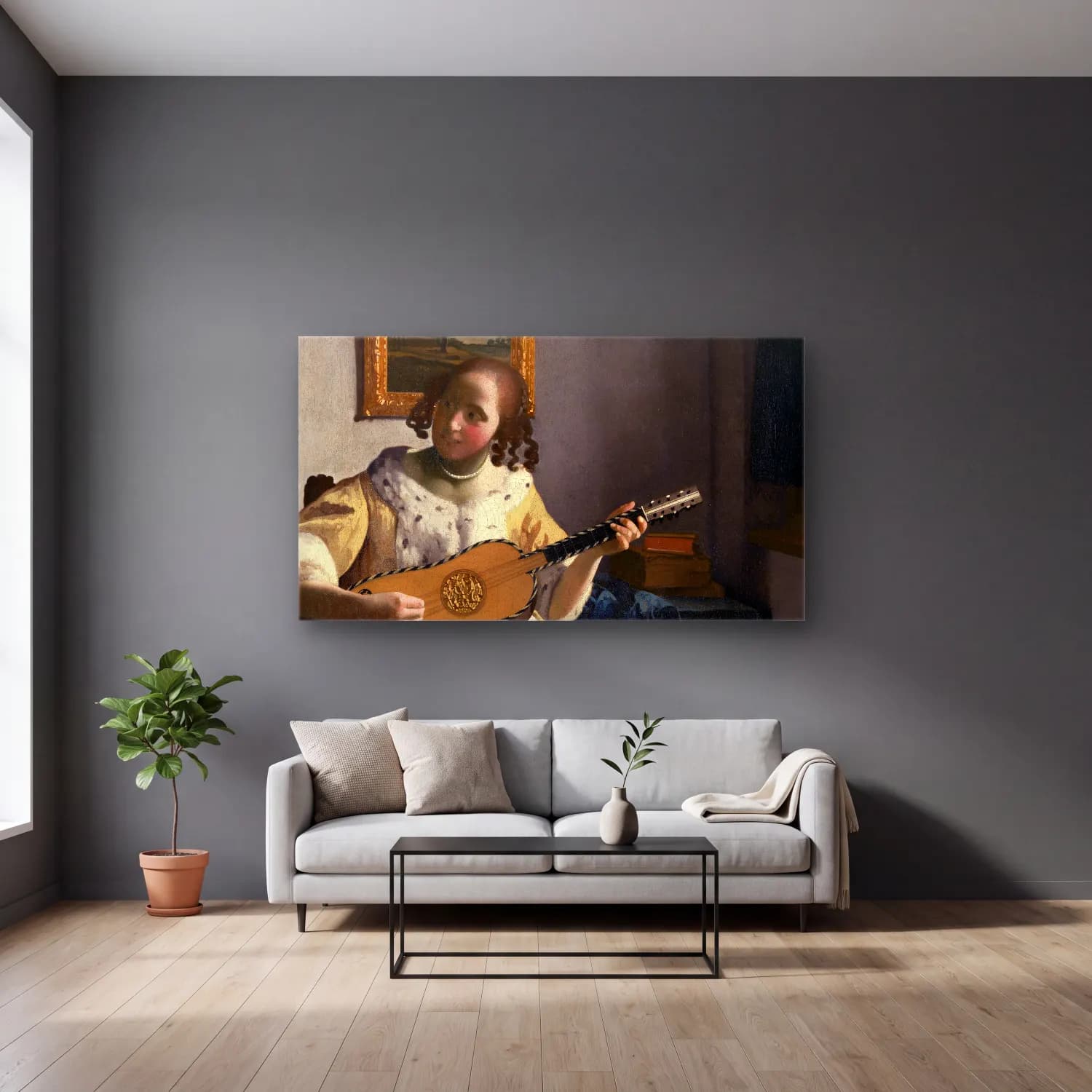 Johannes Vermeer – The Guitar Player cam tablo — gri duvarlı salonda