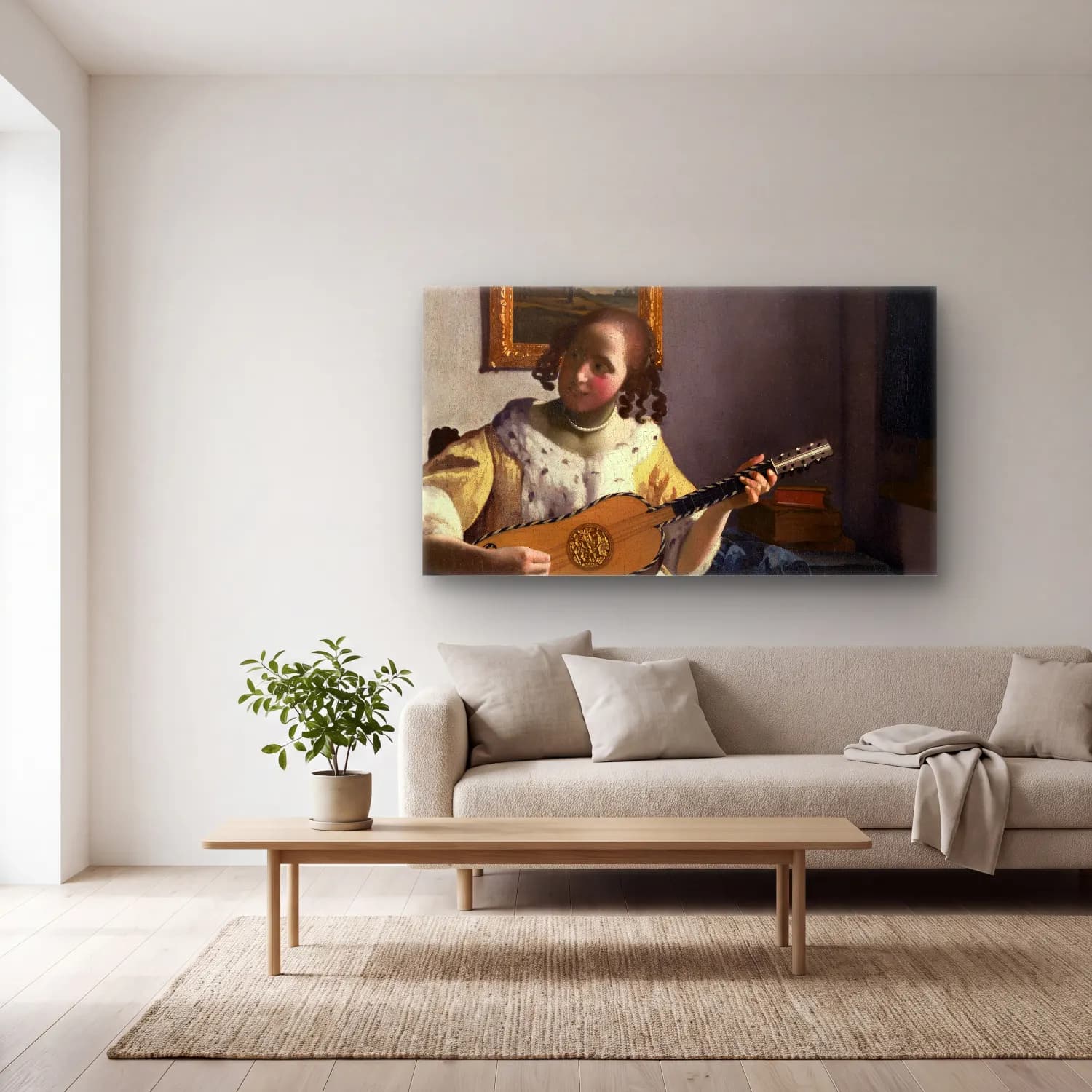 Johannes Vermeer – The Guitar Player cam tablo — açık renk salonda