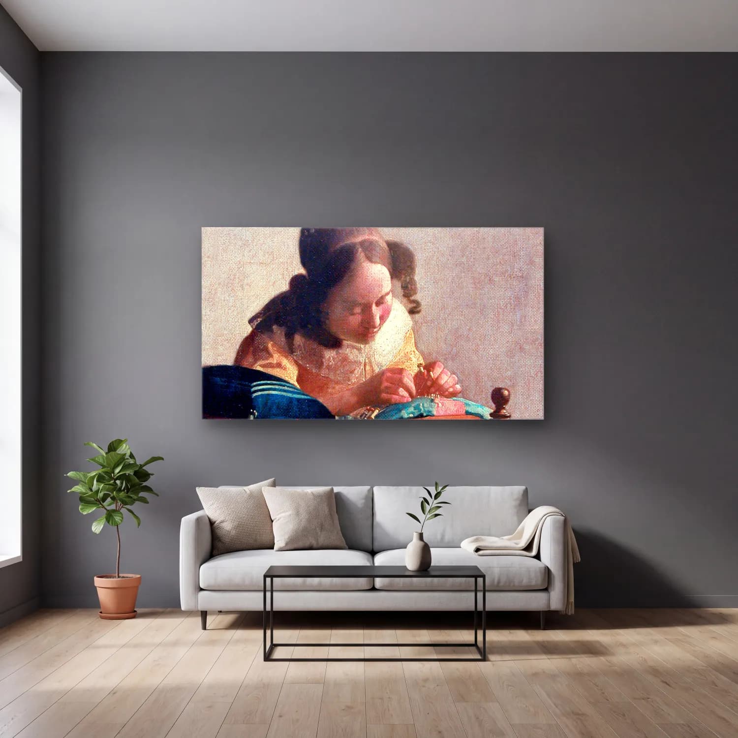 Johannes Vermeer – The Lacemaker cam tablo — gri duvarlı salonda