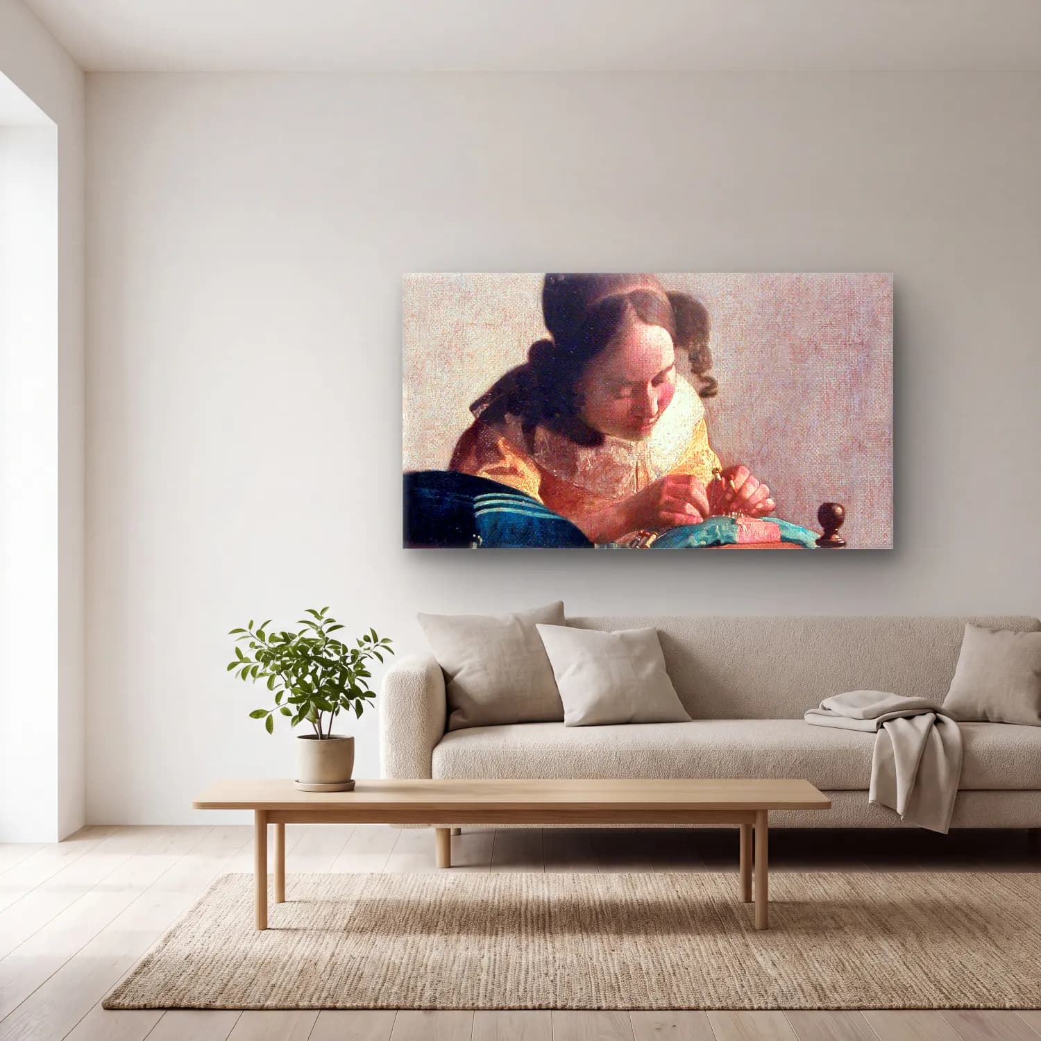 Johannes Vermeer – The Lacemaker cam tablo — açık renk salonda