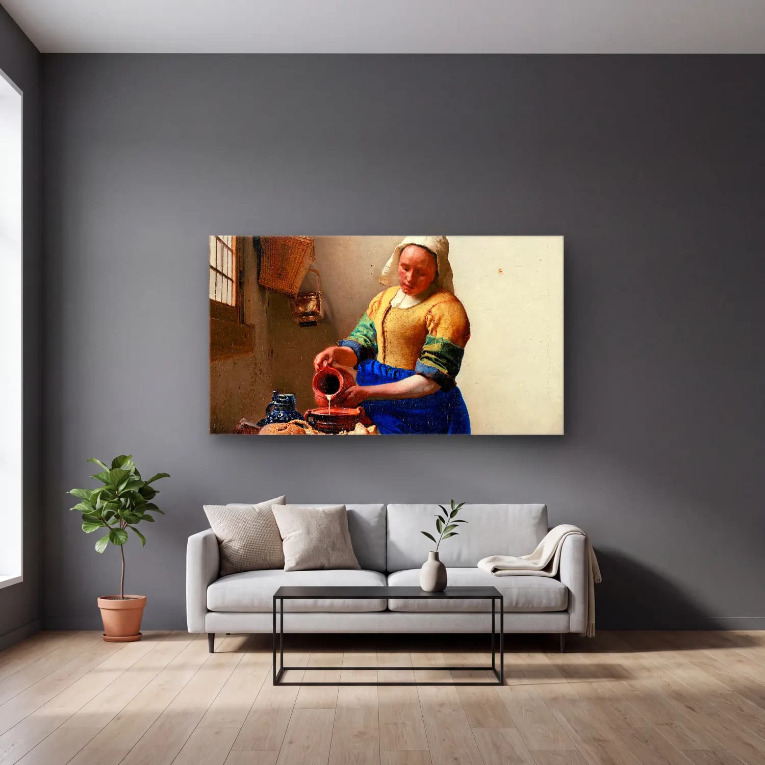 Johannes Vermeer – The Milkmaid cam tablo — gri duvarlı salonda