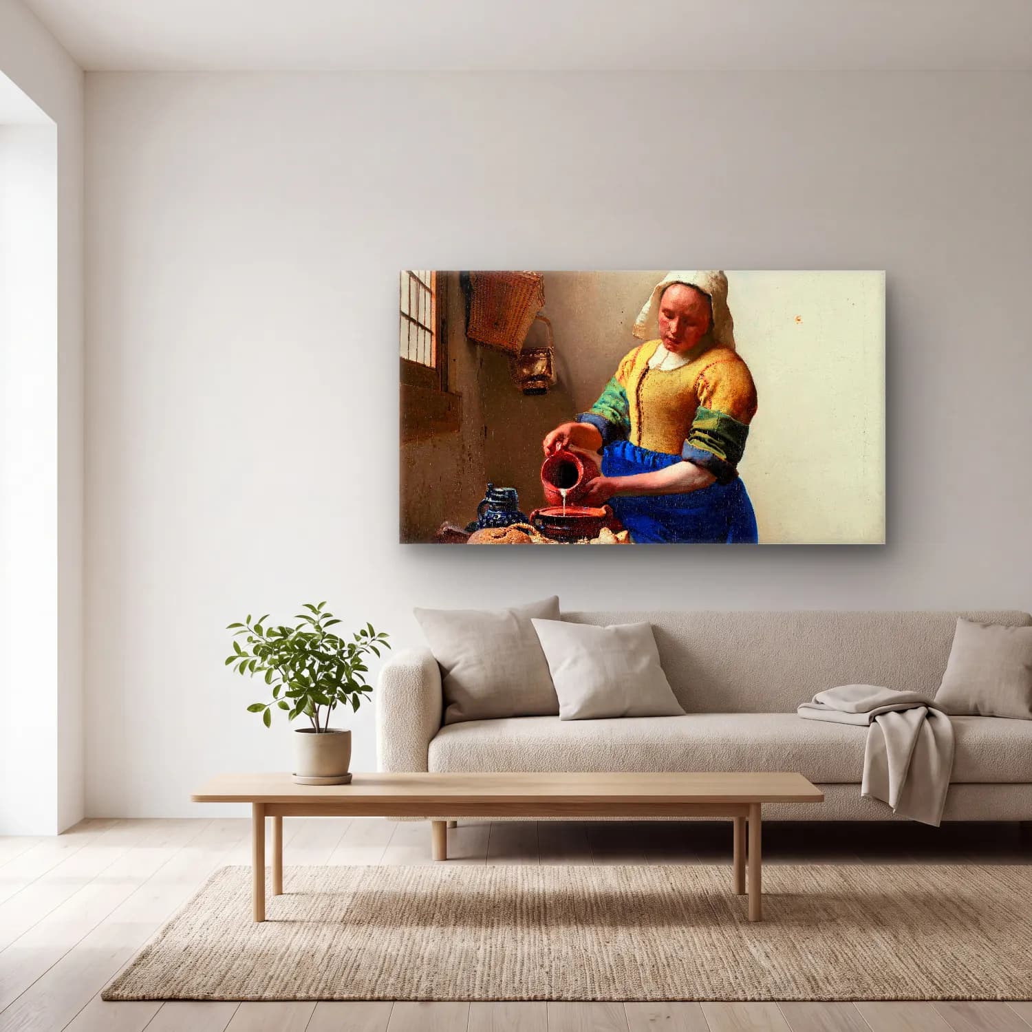 Johannes Vermeer – The Milkmaid cam tablo — açık renk salonda