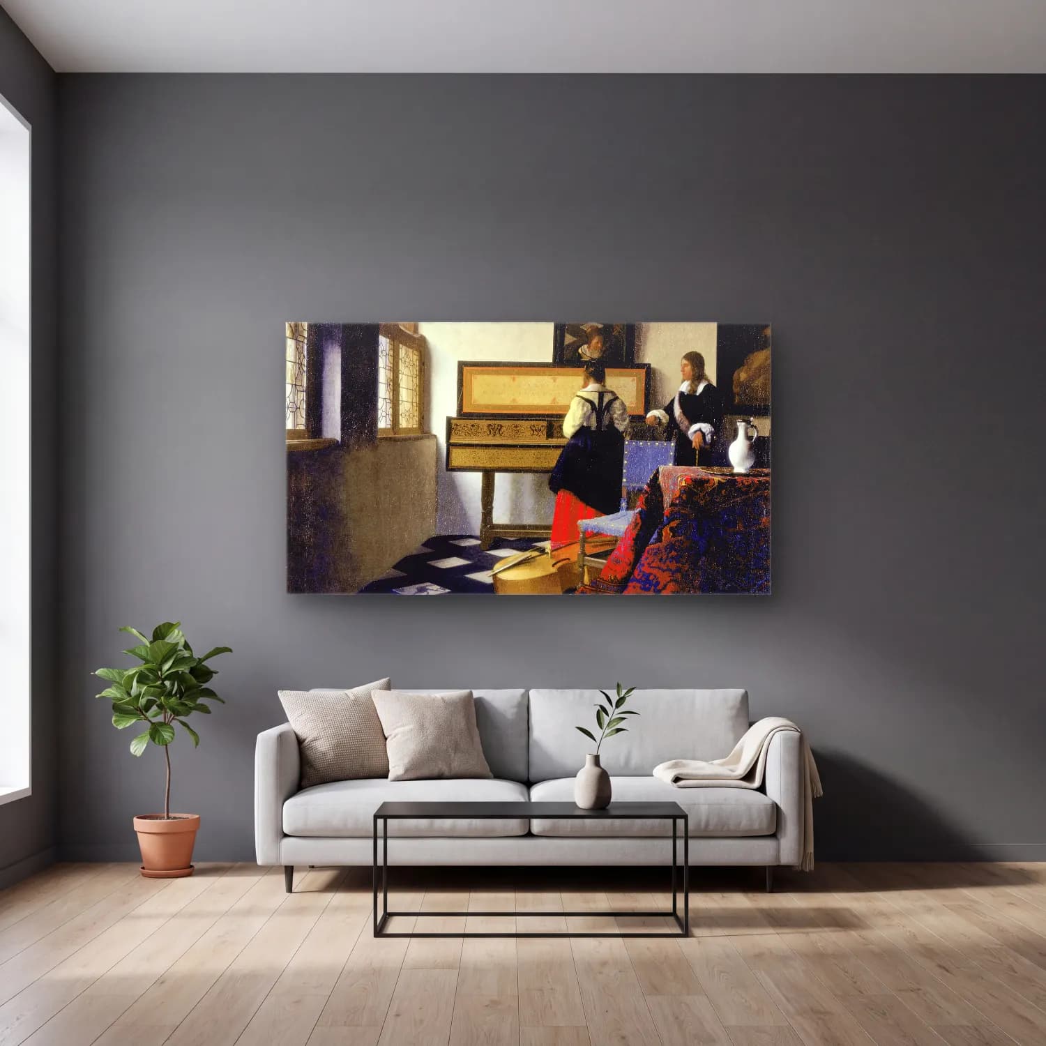 Johannes Vermeer – The Music Lesson cam tablo — gri duvarlı salonda
