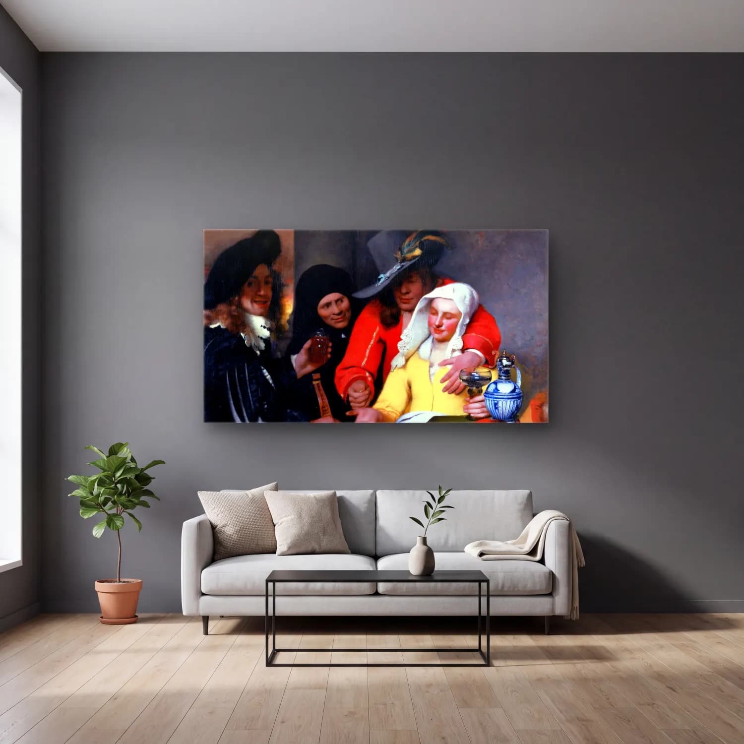 Johannes Vermeer – The Procuress cam tablo — gri duvarlı salonda