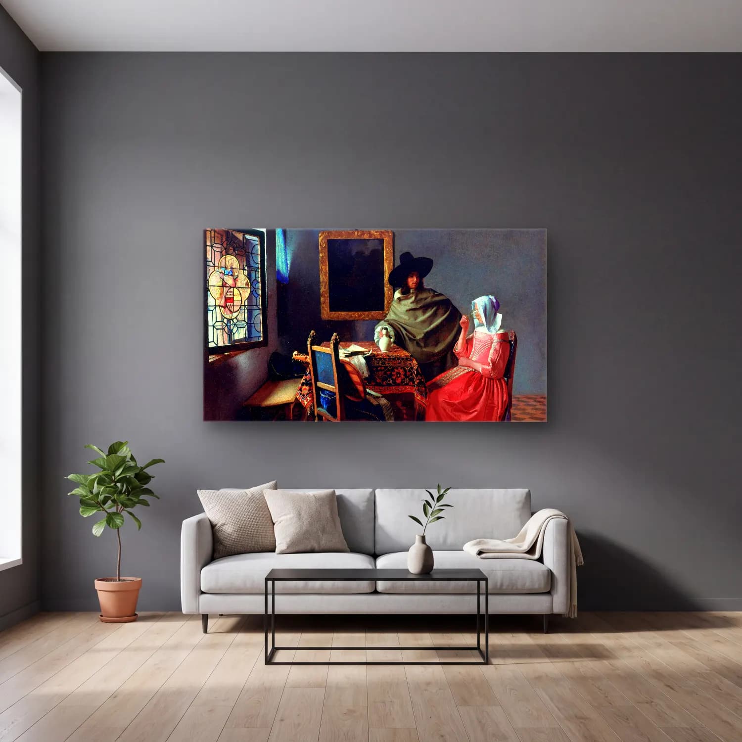 Johannes Vermeer – The Wine Glass cam tablo — gri duvarlı salonda