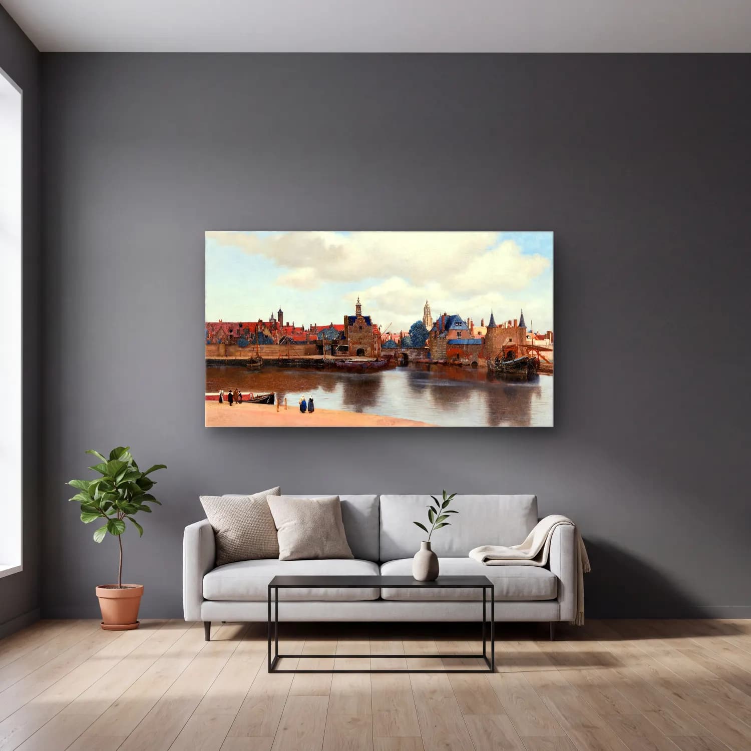 Johannes Vermeer – View of Delft cam tablo — gri duvarlı salonda