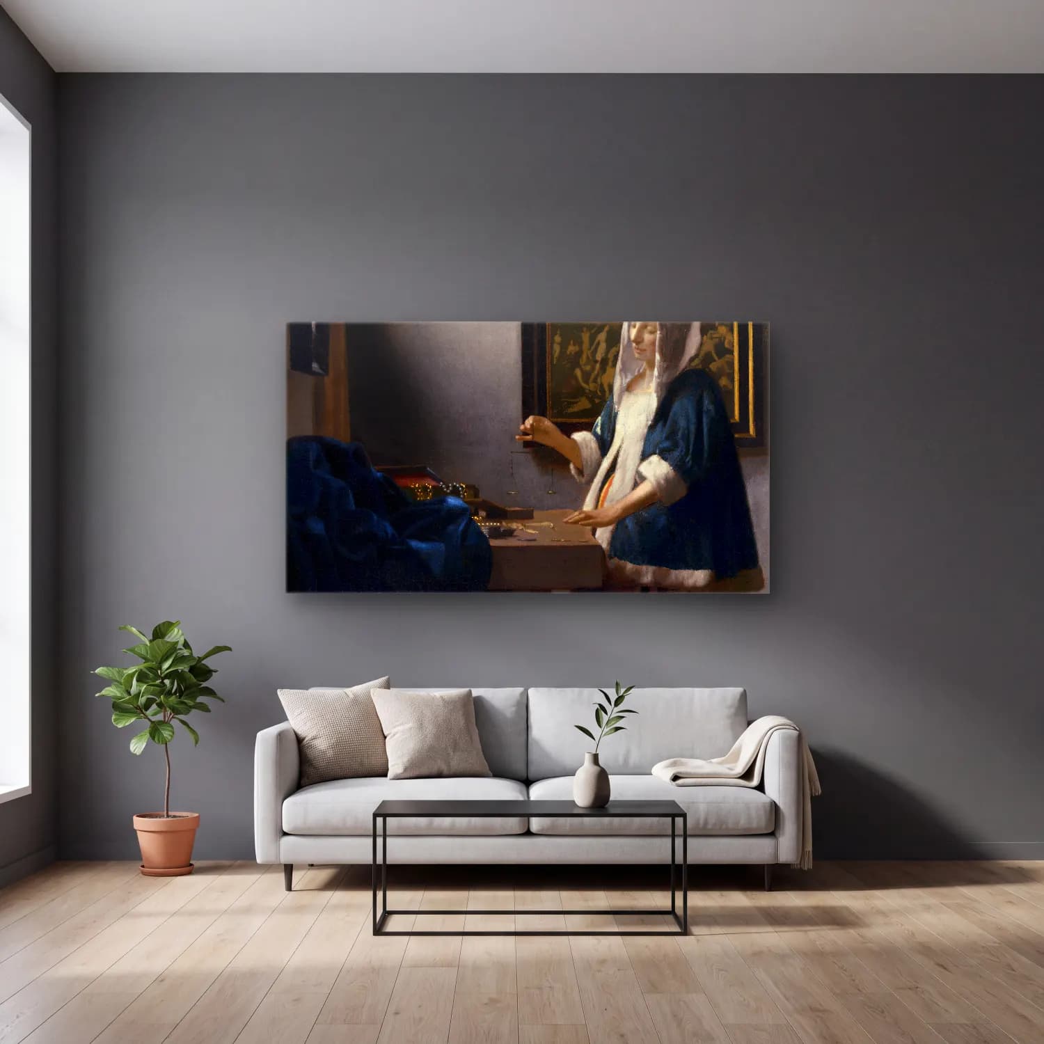 Johannes Vermeer – Woman Holding a Balance cam tablo — gri duvarlı salonda