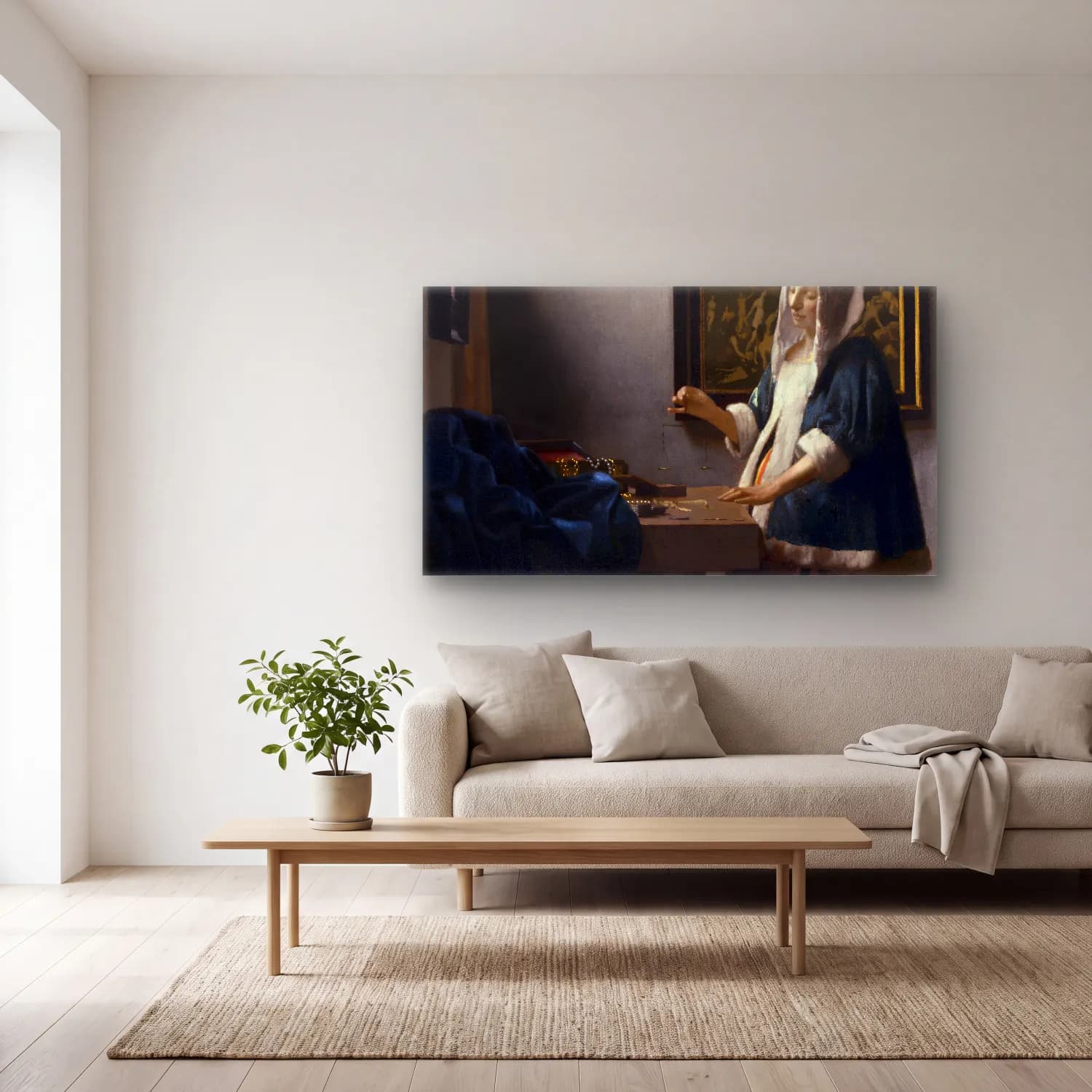 Johannes Vermeer – Woman Holding a Balance cam tablo — açık renk salonda