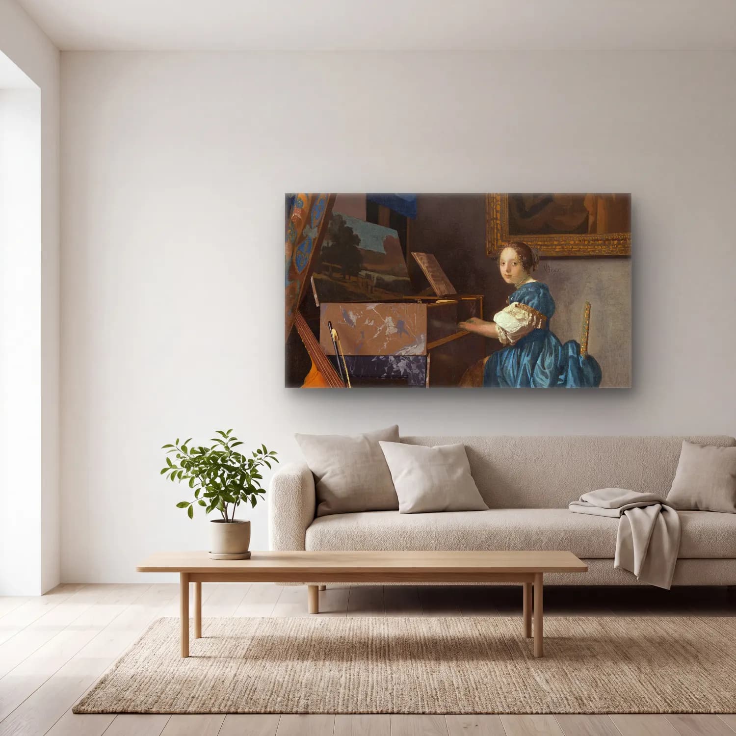 Johannes Vermeer – Young Woman Seated at a Virginal cam tablo — açık renk salonda