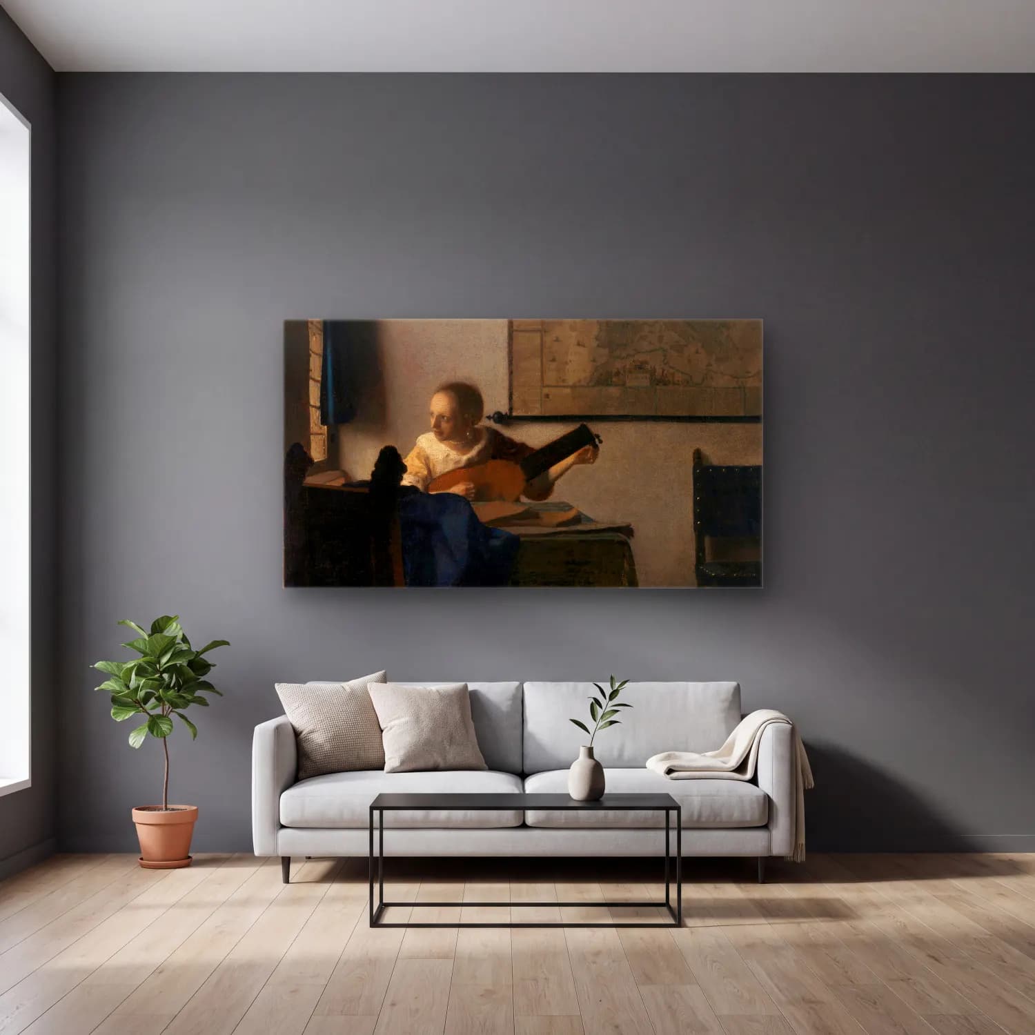Johannes Vermeer – Young Woman with a Lute cam tablo — gri duvarlı salonda