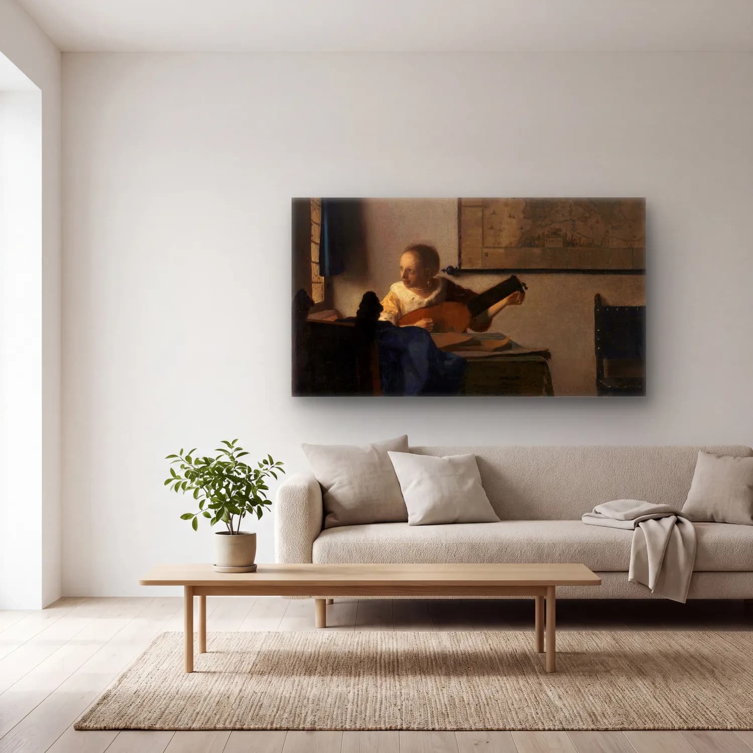 Johannes Vermeer – Young Woman with a Lute cam tablo — açık renk salonda