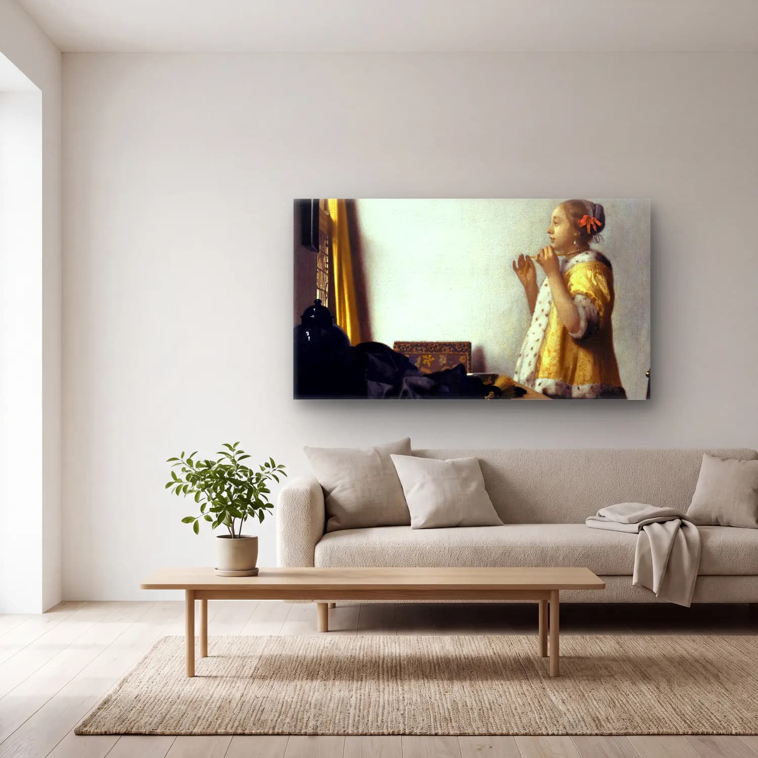 Johannes Vermeer – Young Woman with a Pearl Necklace cam tablo — açık renk salonda
