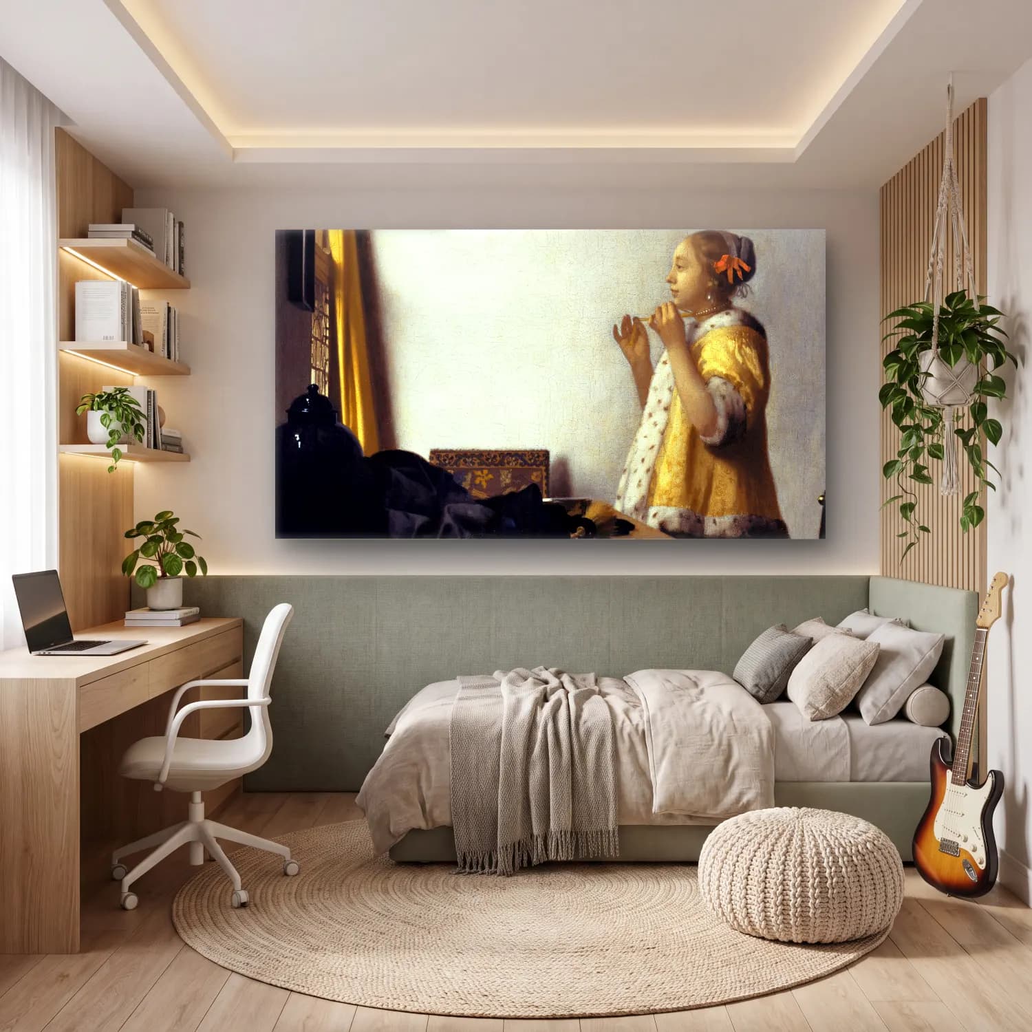 Johannes Vermeer – Young Woman with a Pearl Necklace cam tablo — genç odasında