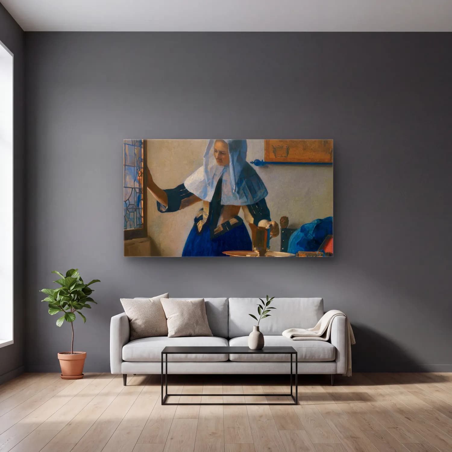 Johannes Vermeer – Young Woman with a Water Pitcher cam tablo — gri duvarlı salonda