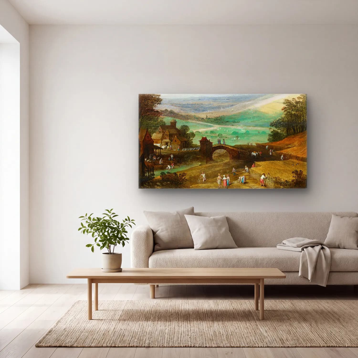 Joos de Momper – A Summer Landscape With Figures Bringing In The Harvest cam tablo — açık renk salonda