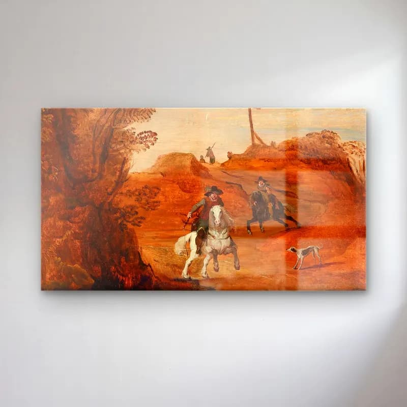 Joos de Momper – A landscape with horsemen cam tablo — Joos de Momper – A landscape with horsemen — yağlı boya savaş sahnesi