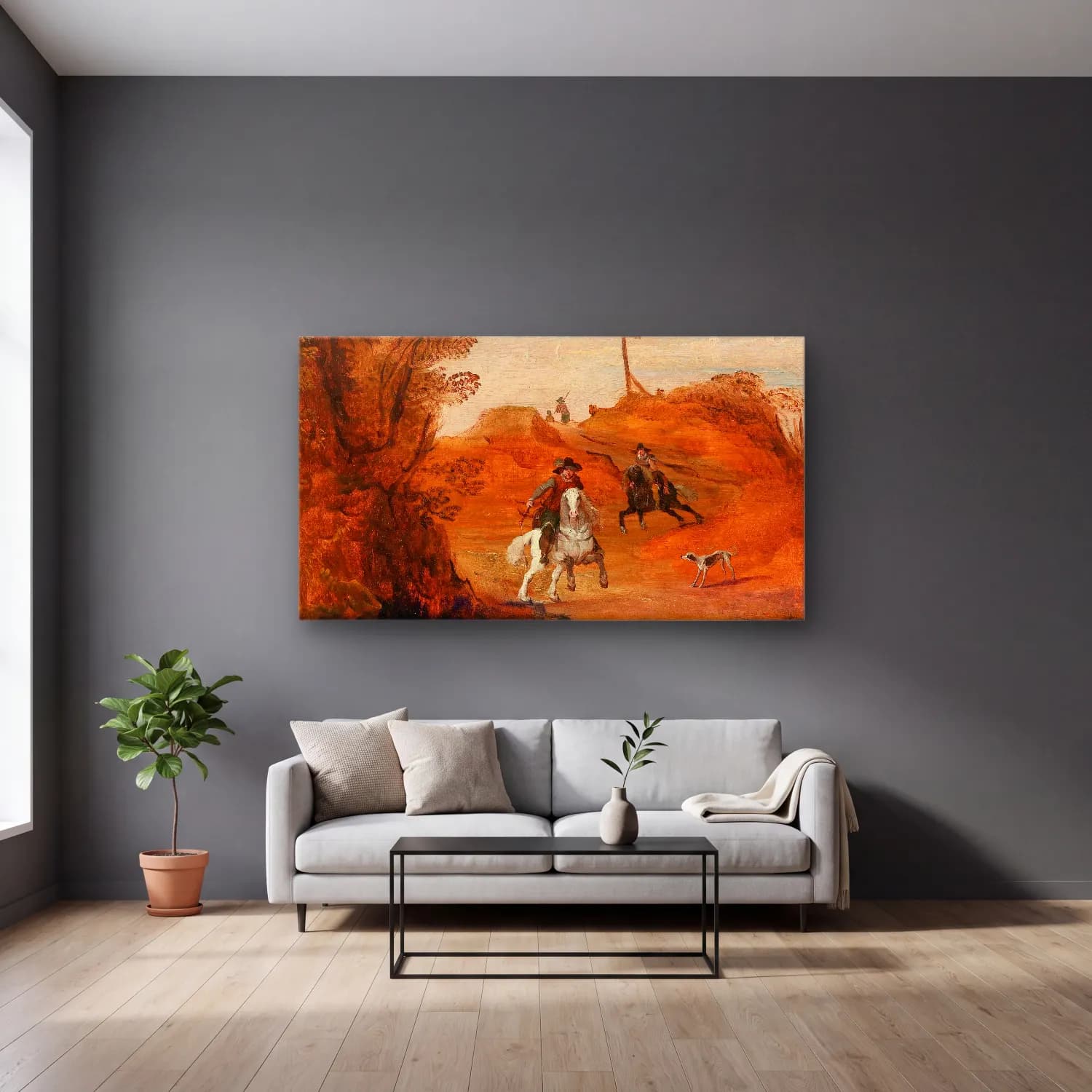 Joos de Momper – A landscape with horsemen cam tablo — gri duvarlı salonda
