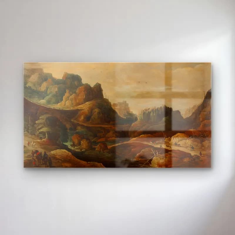 Joos de Momper – A mountainous landscape with travellers on paths along a… cam tablo — Joos de Momper – A mountainous landscape with travellers on paths along a… — yağlı boya dağ manzarası