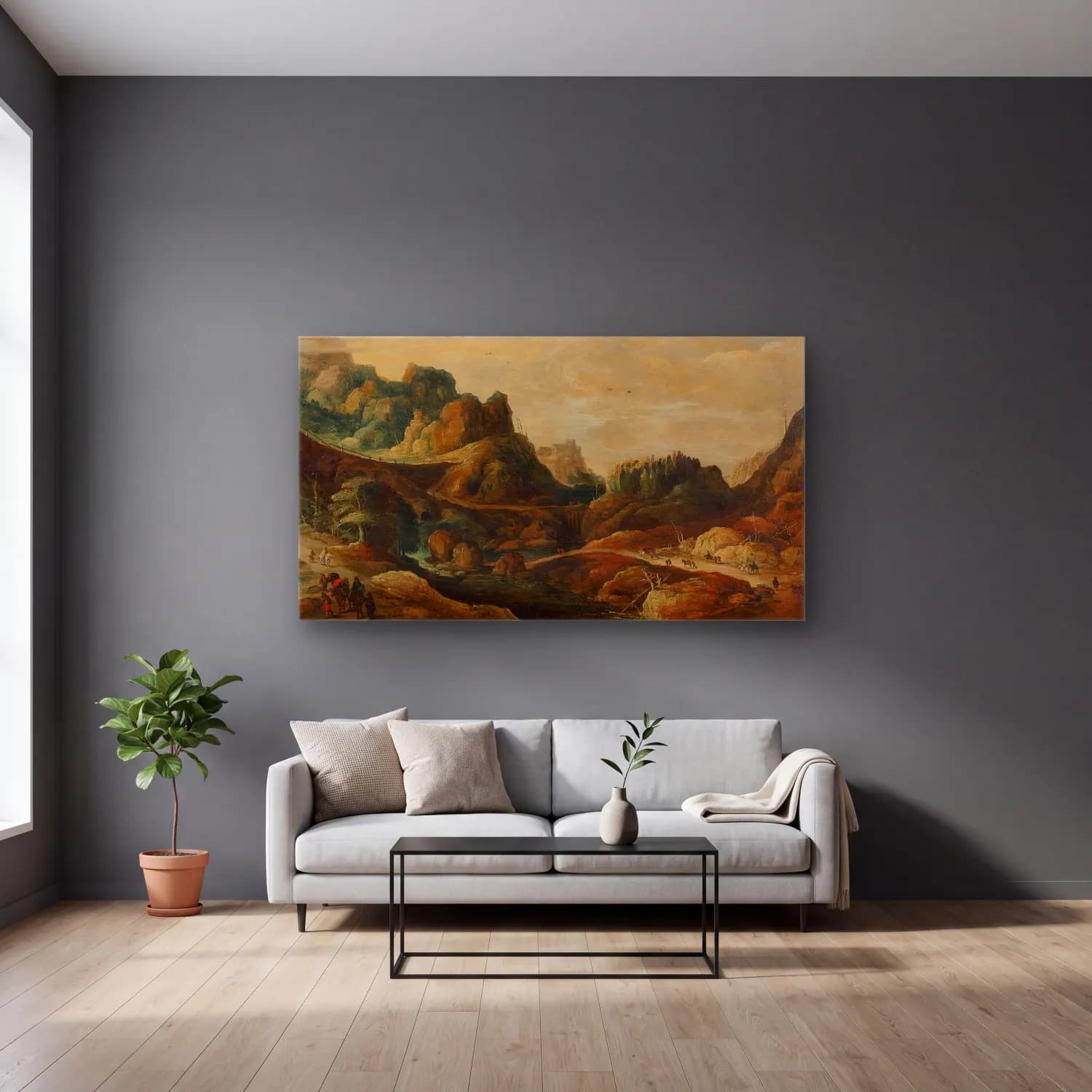 Joos de Momper – A mountainous landscape with travellers on paths along a… cam tablo — gri duvarlı salonda