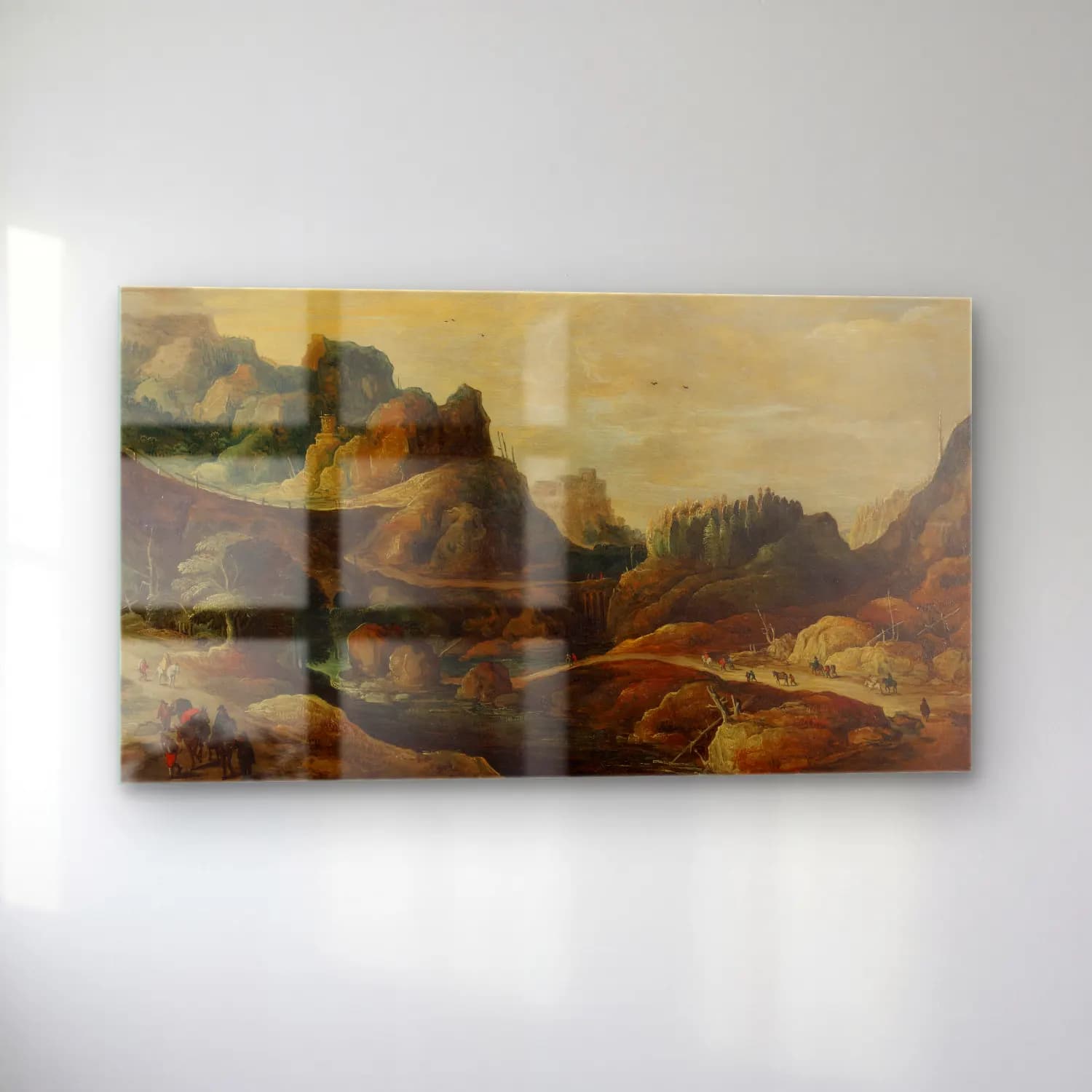 Joos de Momper – A mountainous landscape with travellers on paths along a… cam tablo — sol açıdan görünüm