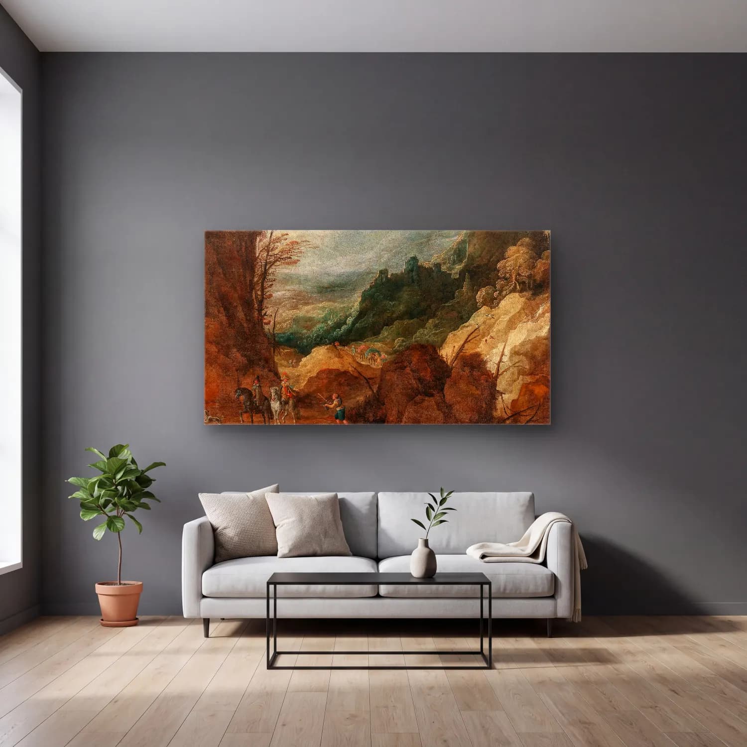 Joos de Momper – A mountainous landscape with travellers cam tablo — gri duvarlı salonda