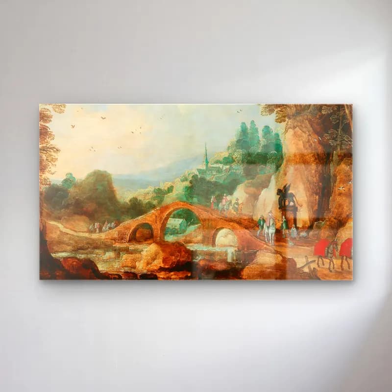 Joos de Momper – A rocky landscape with riders near a bridge cam tablo — Joos de Momper – A rocky landscape with riders near a bridge — yağlı boya köprü