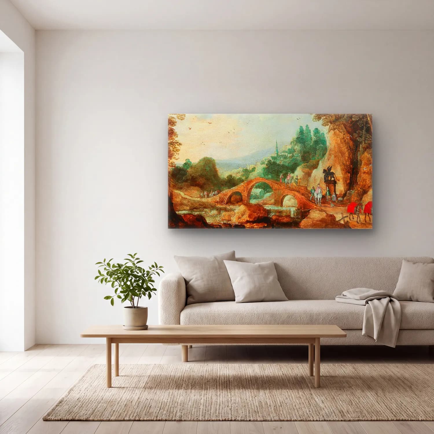 Joos de Momper – A rocky landscape with riders near a bridge cam tablo — açık renk salonda